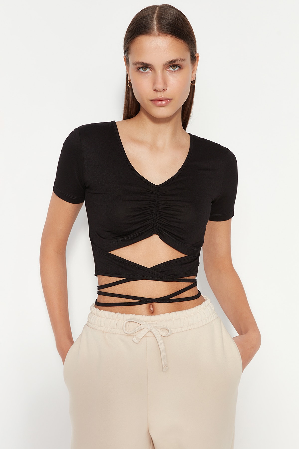 Trendyol Black Knitted Blouse with Wrap and Tie Detail