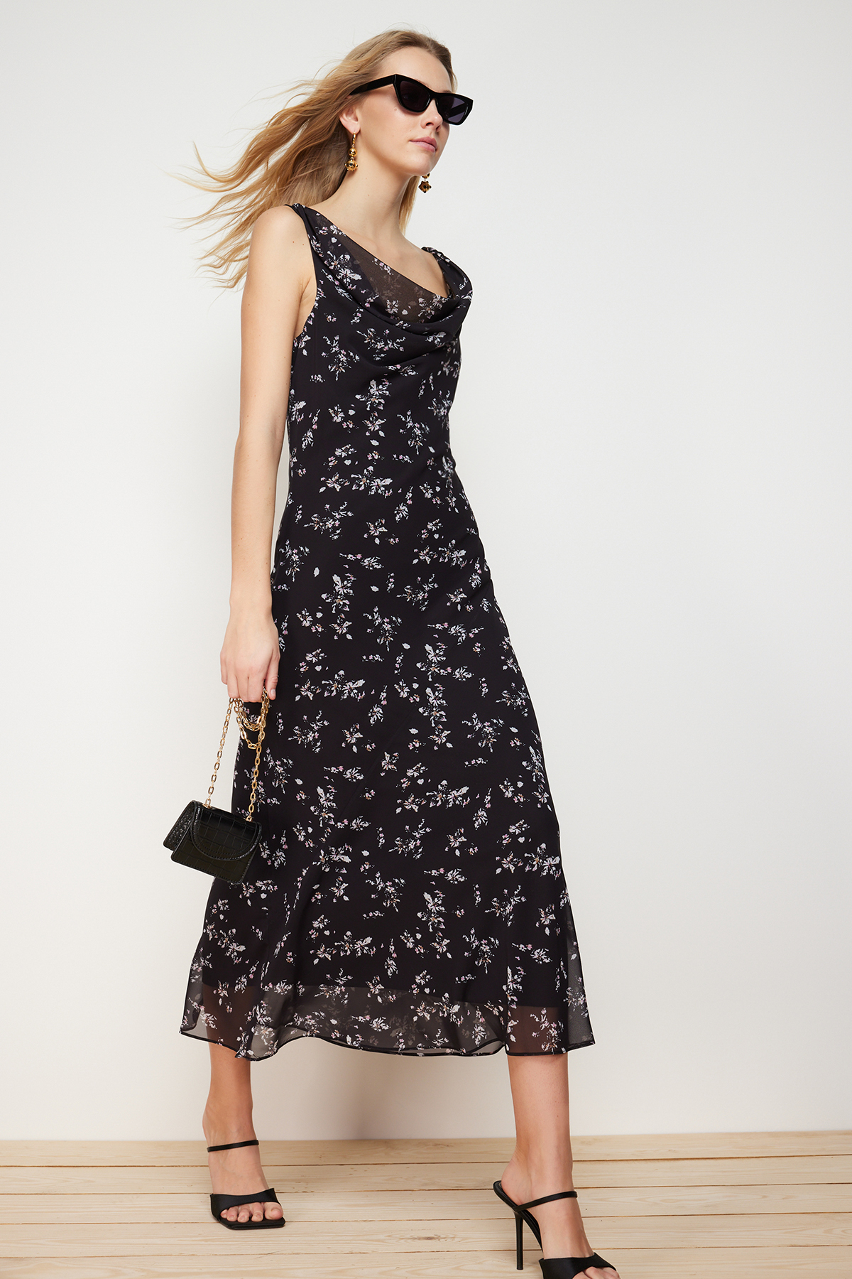 Trendyol Black Floral Degaje Collar Chiffon Lined Midi Woven Dress