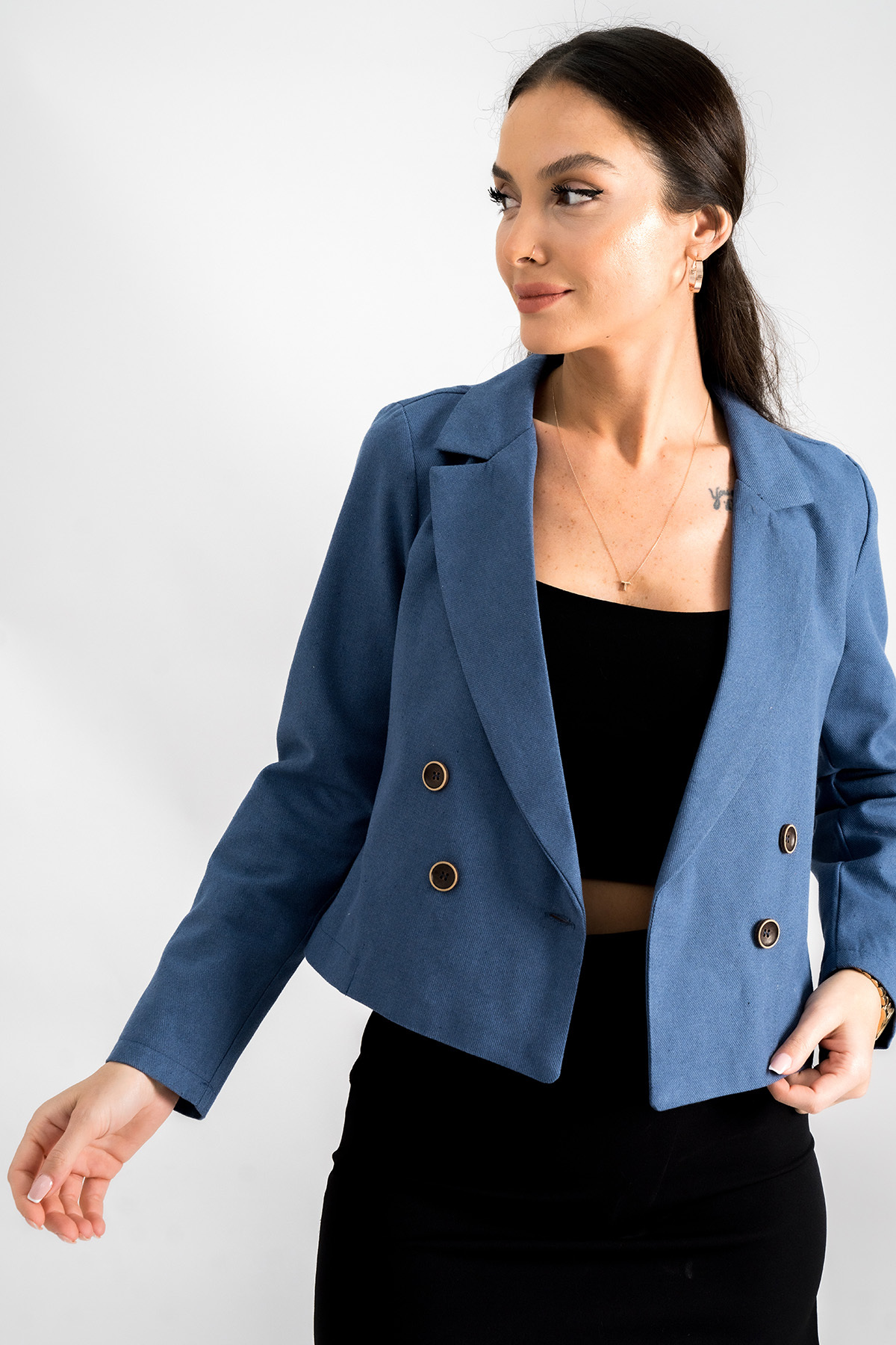 Levně armonika Women's Dark Blue Double Breasted Collar Gabardine Crop Jacket