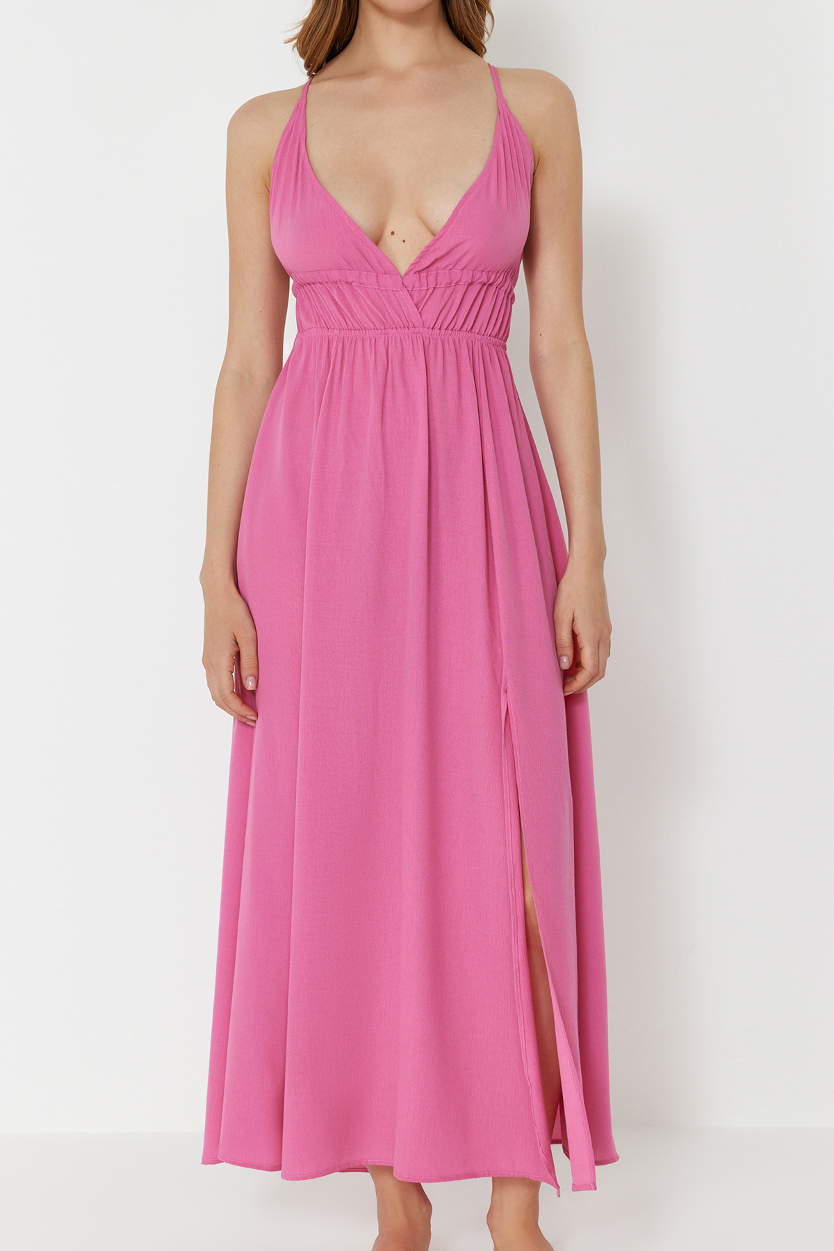 Trendyol Pink Maxi Woven Gathered Beach Dress