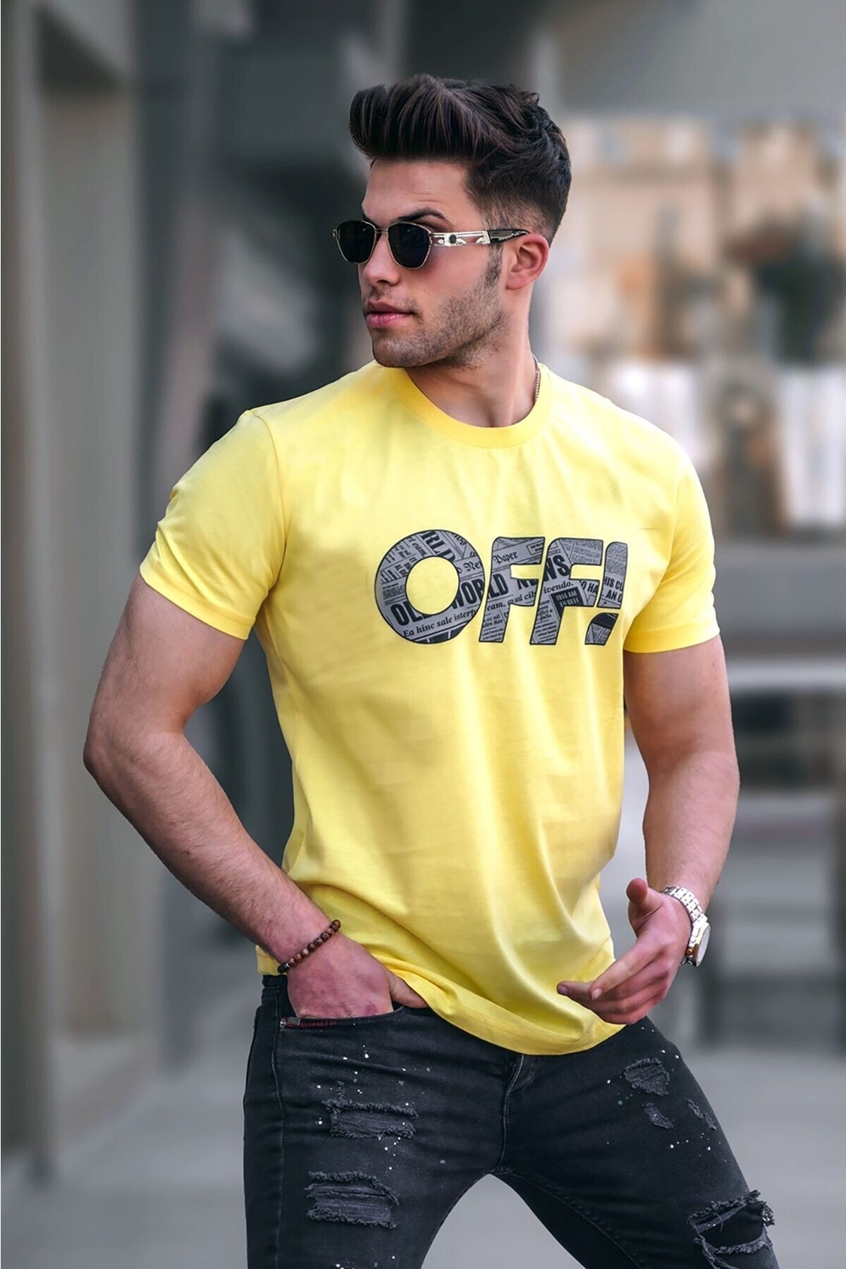 Levně Madmext Men's Printed Yellow T-Shirt 5254