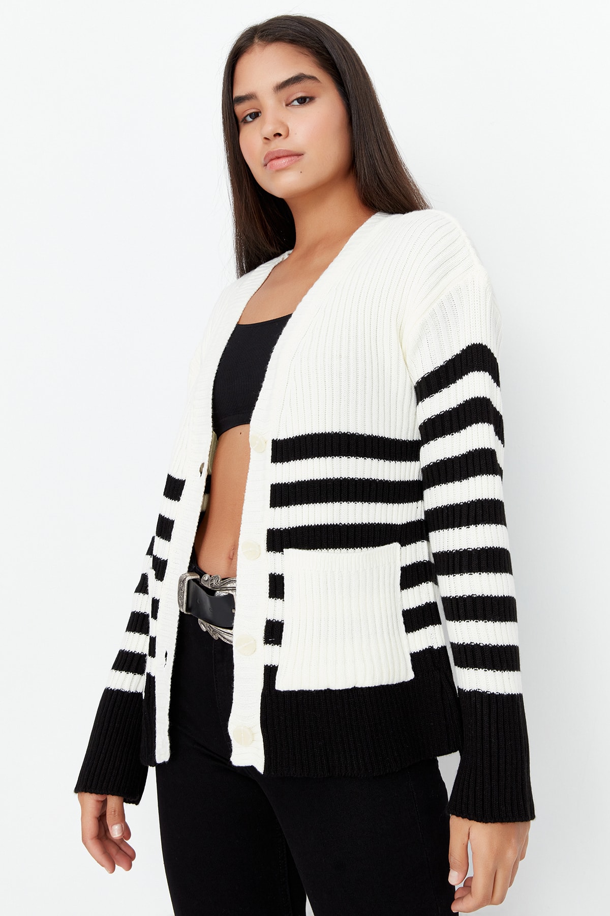 Trendyol Black Color Block Knitwear Cardigan