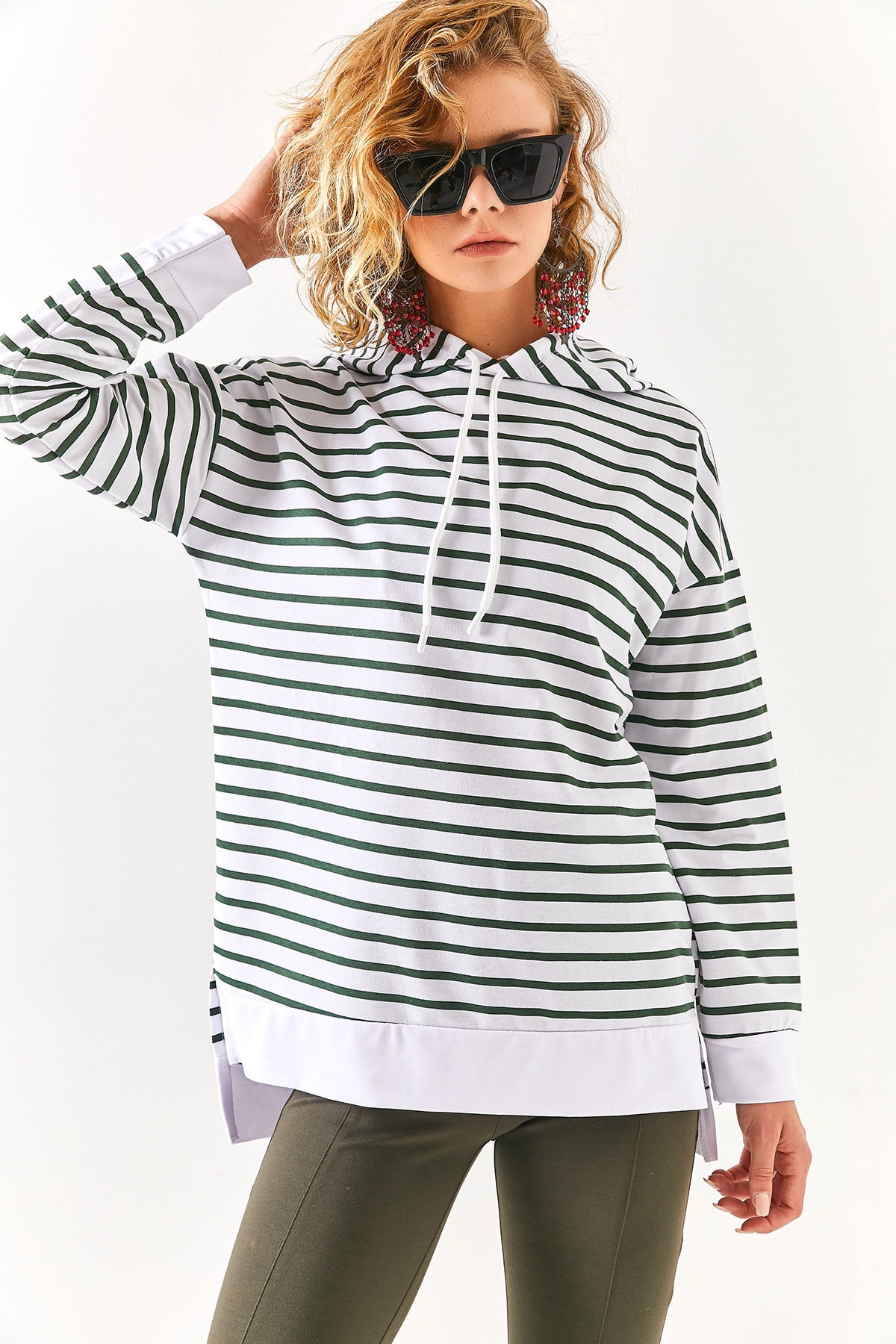 Olalook Women's Khaki White Hooded Striped Sweatshirt with Side Slits