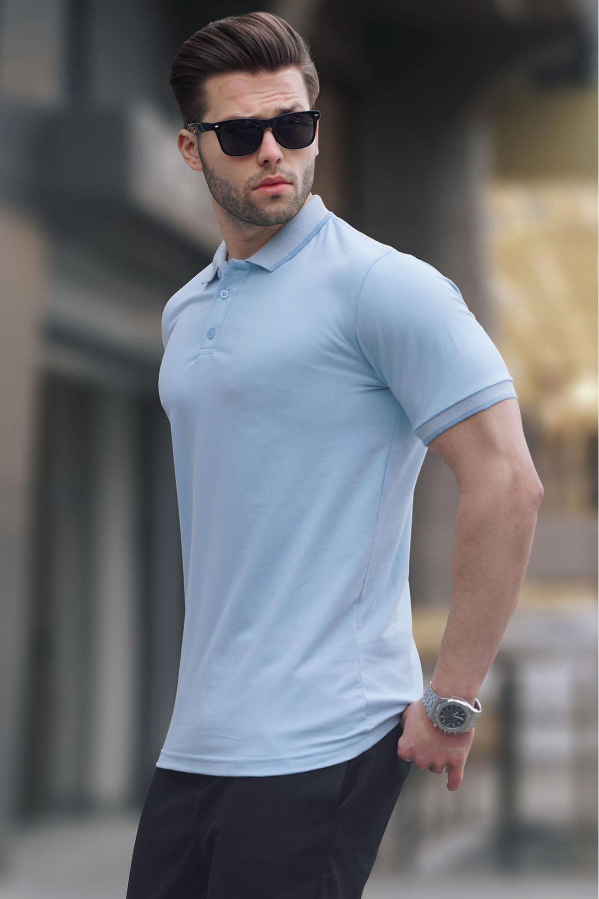 Levně Madmext Blue Men's Regular Fit Polo Neck T-Shirt 6105