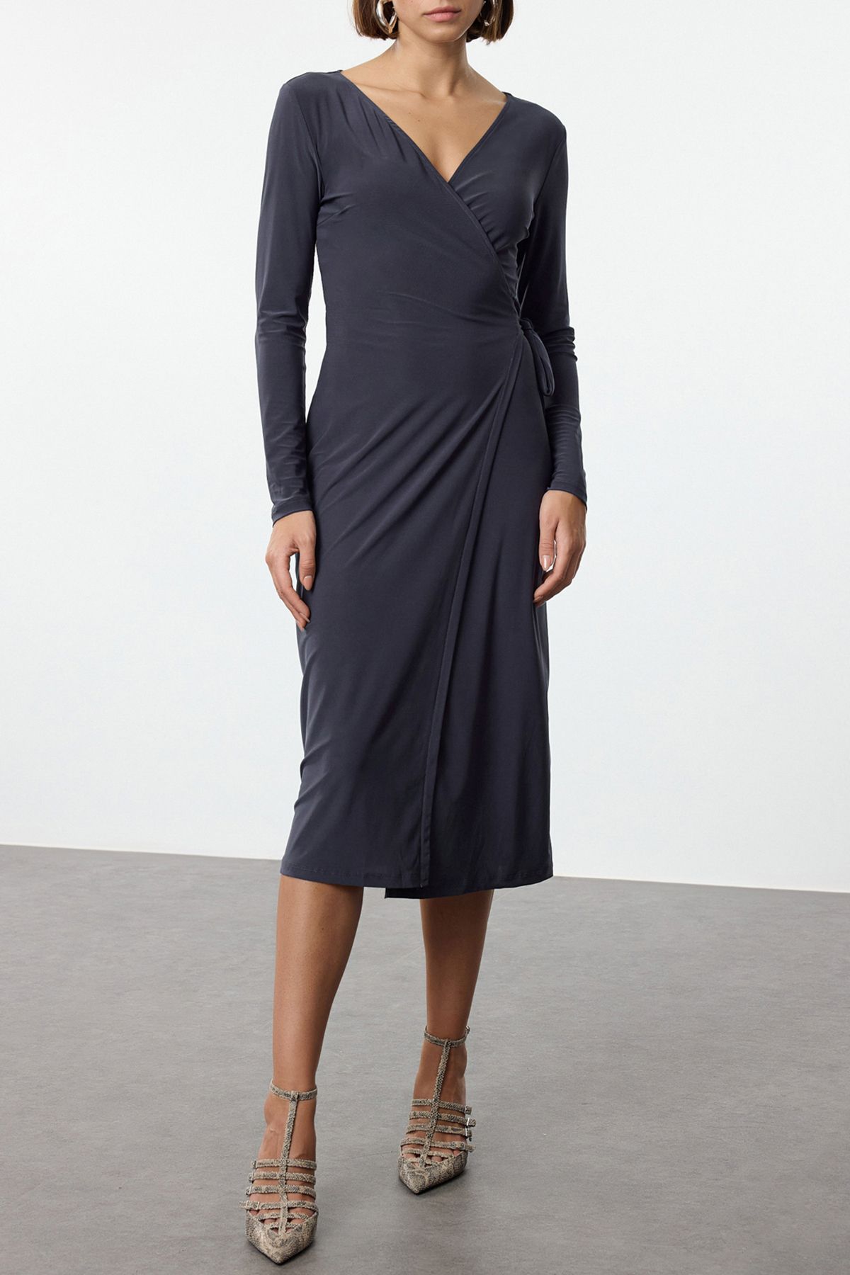 Trendyol Anthracite Double-breasted Belted Fitted/Fits Midi Knit Dress