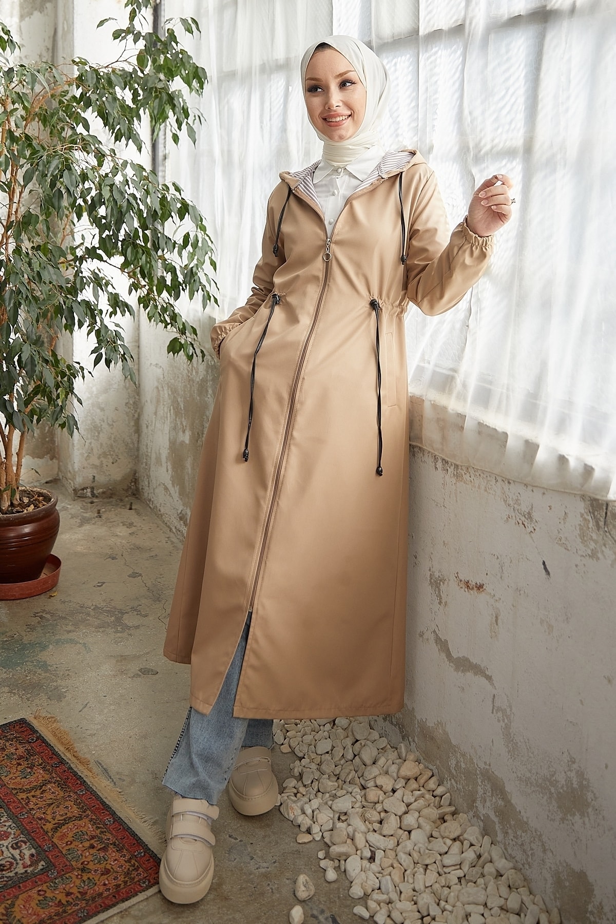 InStyle Layisa Striped Patterned Gathered Waist Trench - Beige