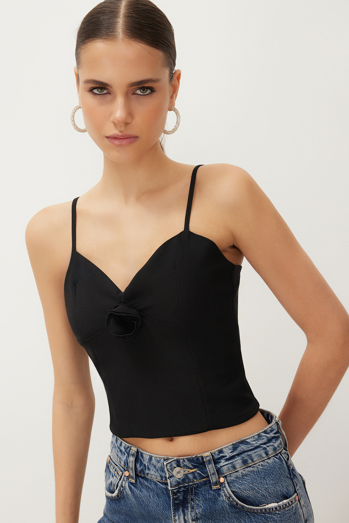 Trendyol Black Crop Rose Detailed Woven Bustier