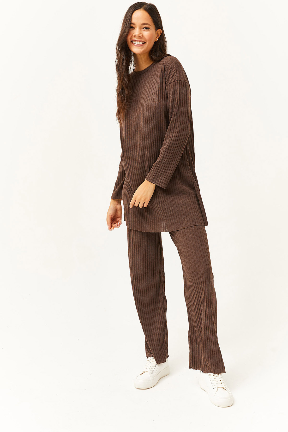 Olalook Women's Bitter Brown Top With Slit Blouse Bottom Palazzo Corduroy Suit