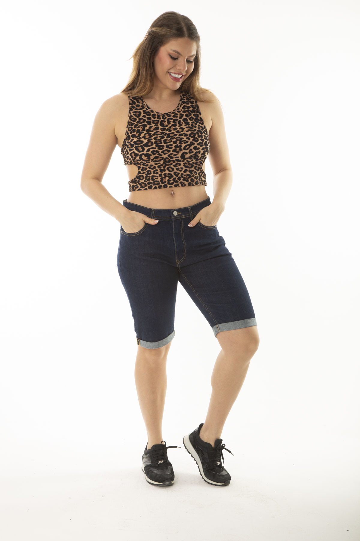 Şans Women's Plus Size Navy Blue 5-Pocket Jeans Shorts with Double Legs