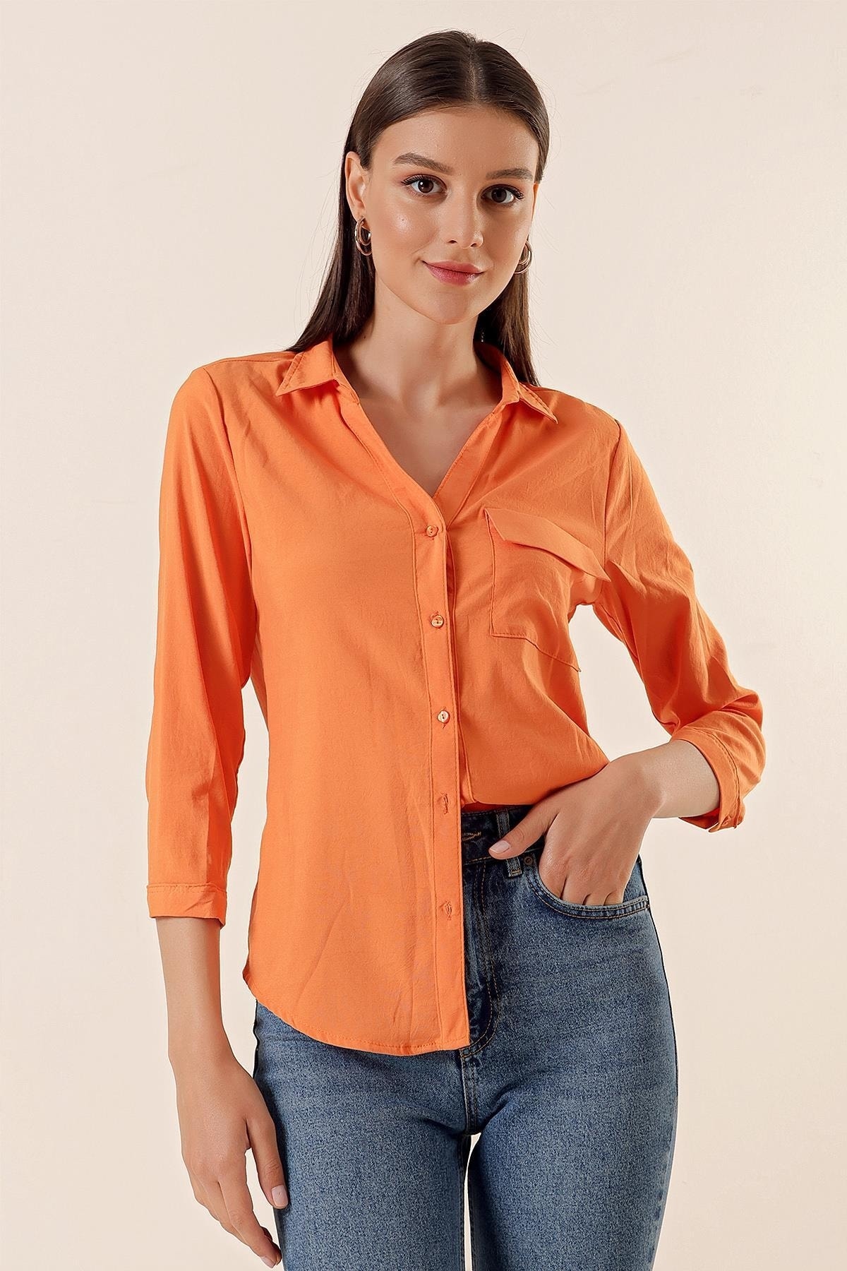 By Saygı Polo Collar Shirt with One Pocket, Orange