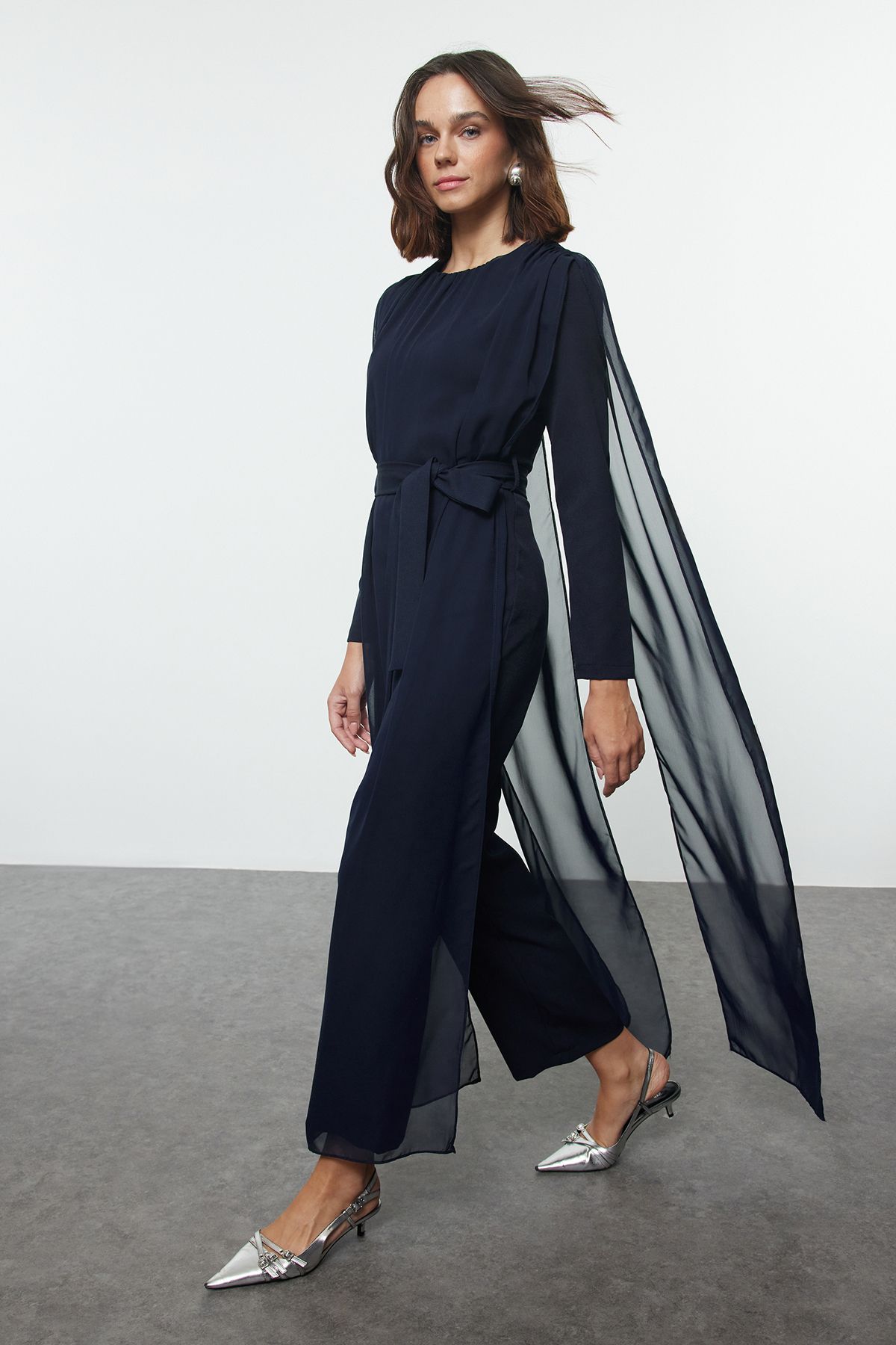 Trendyol Navy Blue Belted Chiffon Woven Jumpsuit