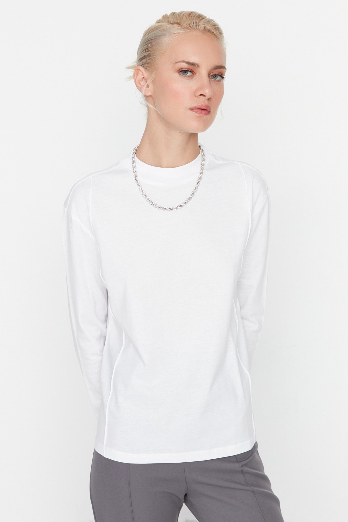 Trendyol White 100% Cotton Rib Detail High Neck Basic Knitted T-Shirt