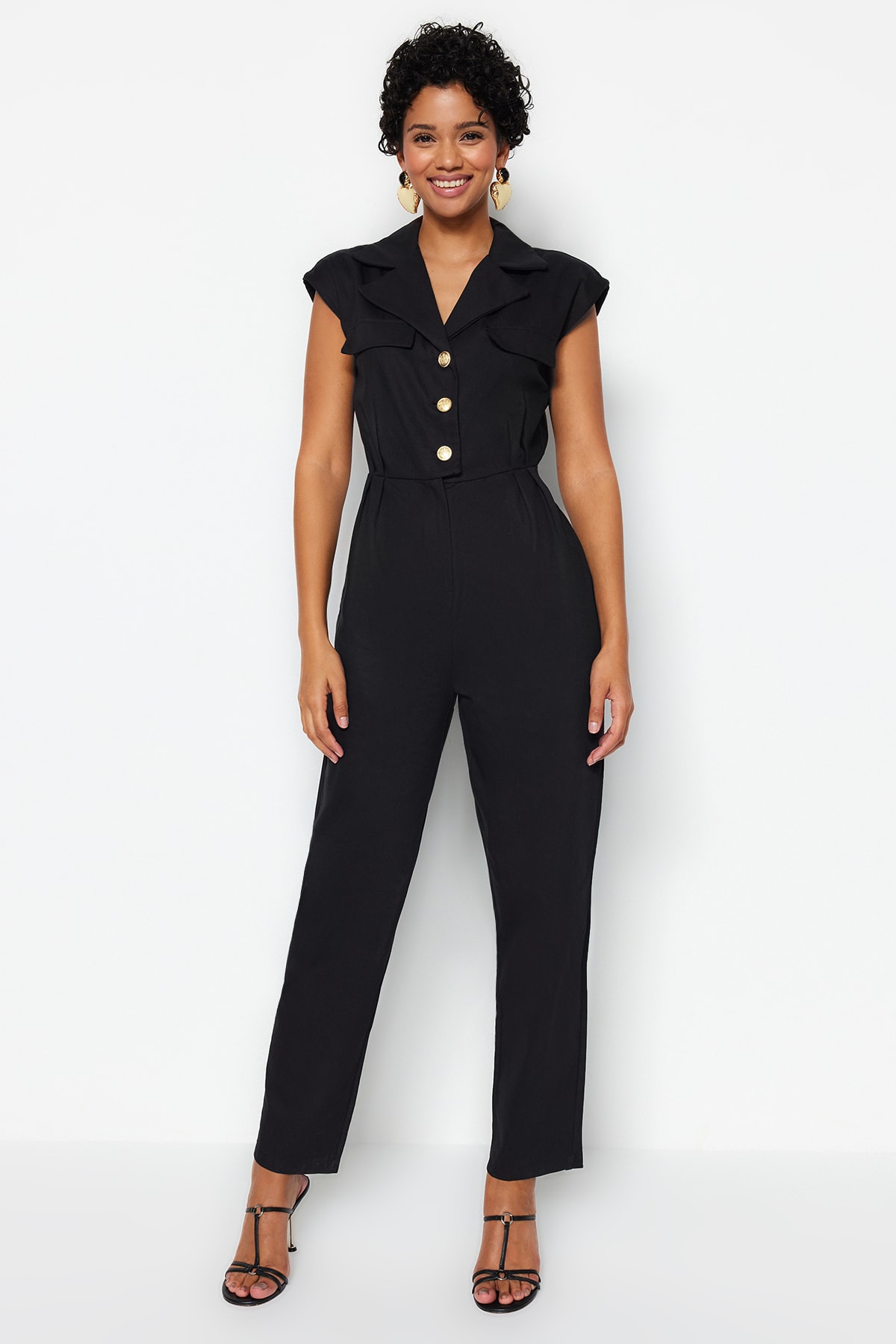 Trendyol Black Jacket Collar Long Overalls With Pleats Detailed