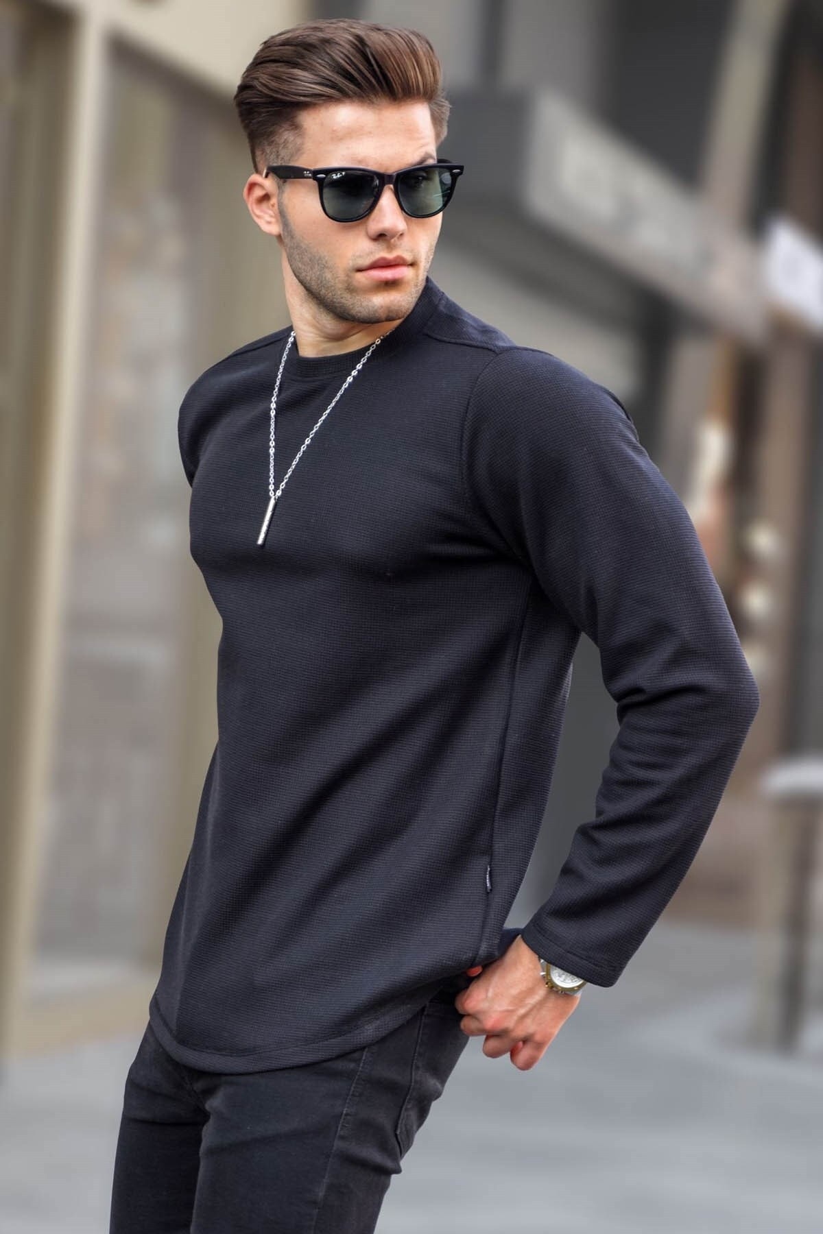 Madmext Black Crew Neck Regular Fit Basic Sweatshirt 6023