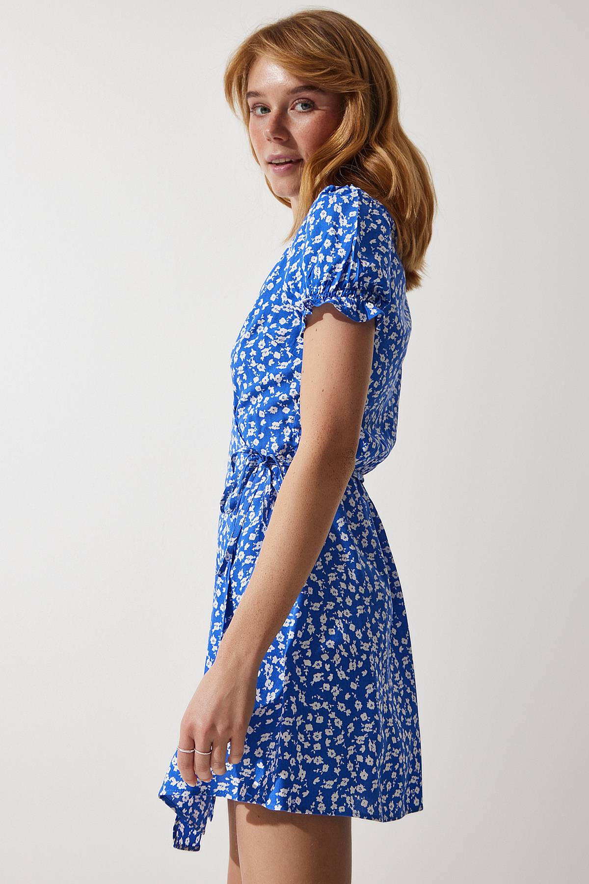 Happiness İstanbul Women's Blue Patterned Viscose Woven Dress