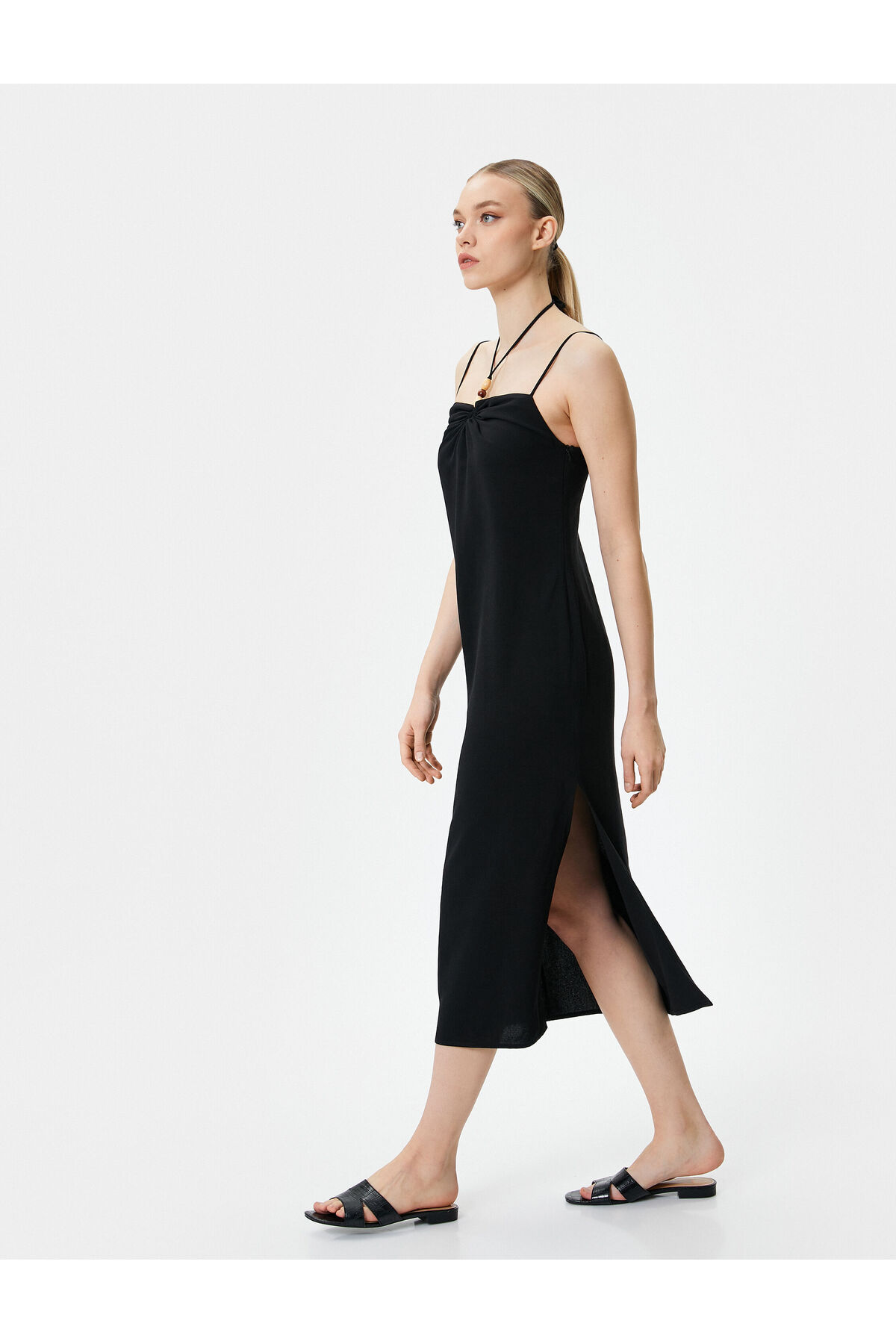 Koton Linen Blend Dress Midi Length Strappy Bead Detail Slim Fit