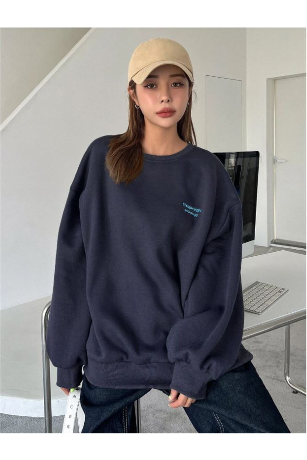 Know Women's Navy Staggertly Printed Crew Neck Sweatshirt