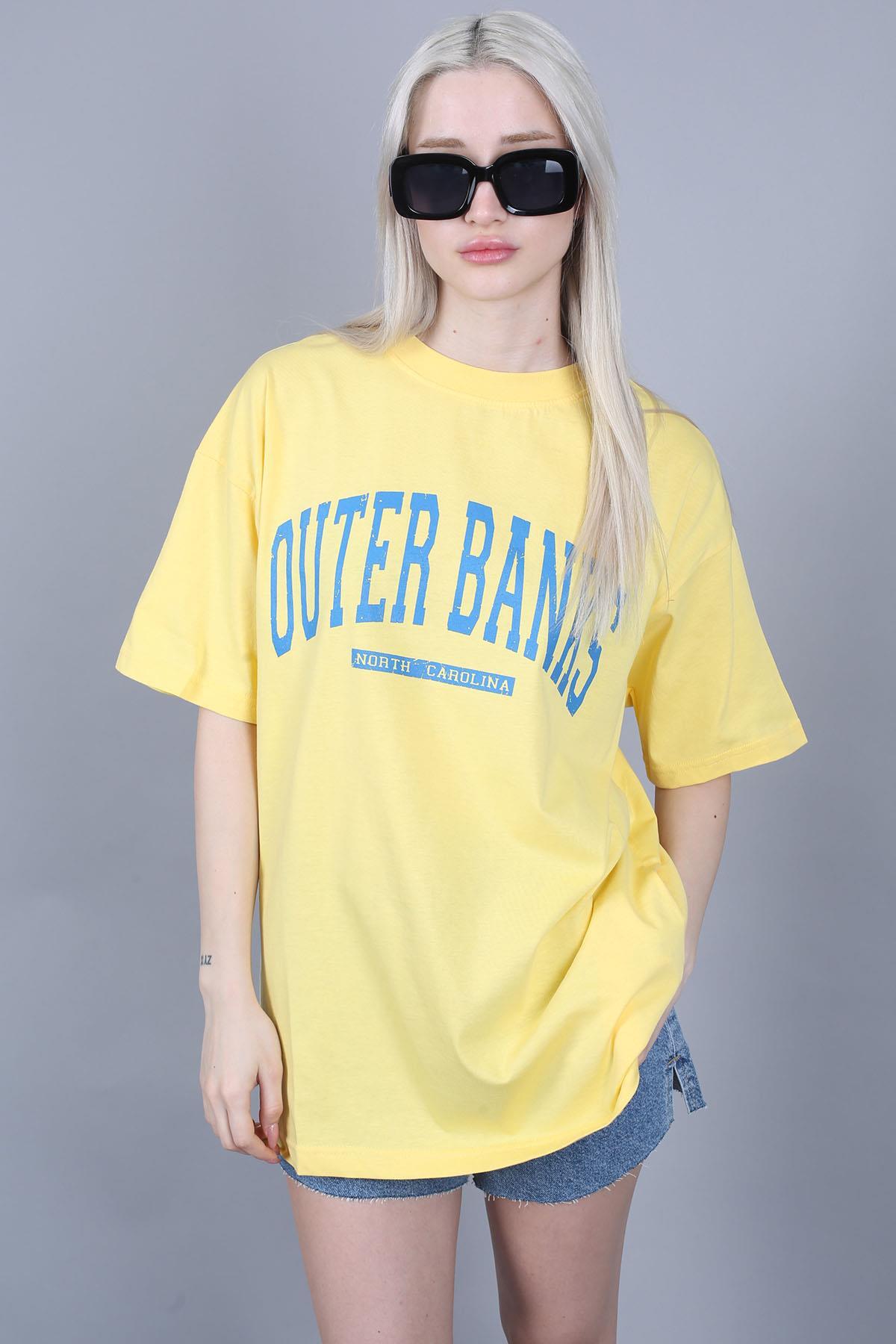 Levně Madmext Yellow Printed Oversized Round Neck Women's T-Shirt