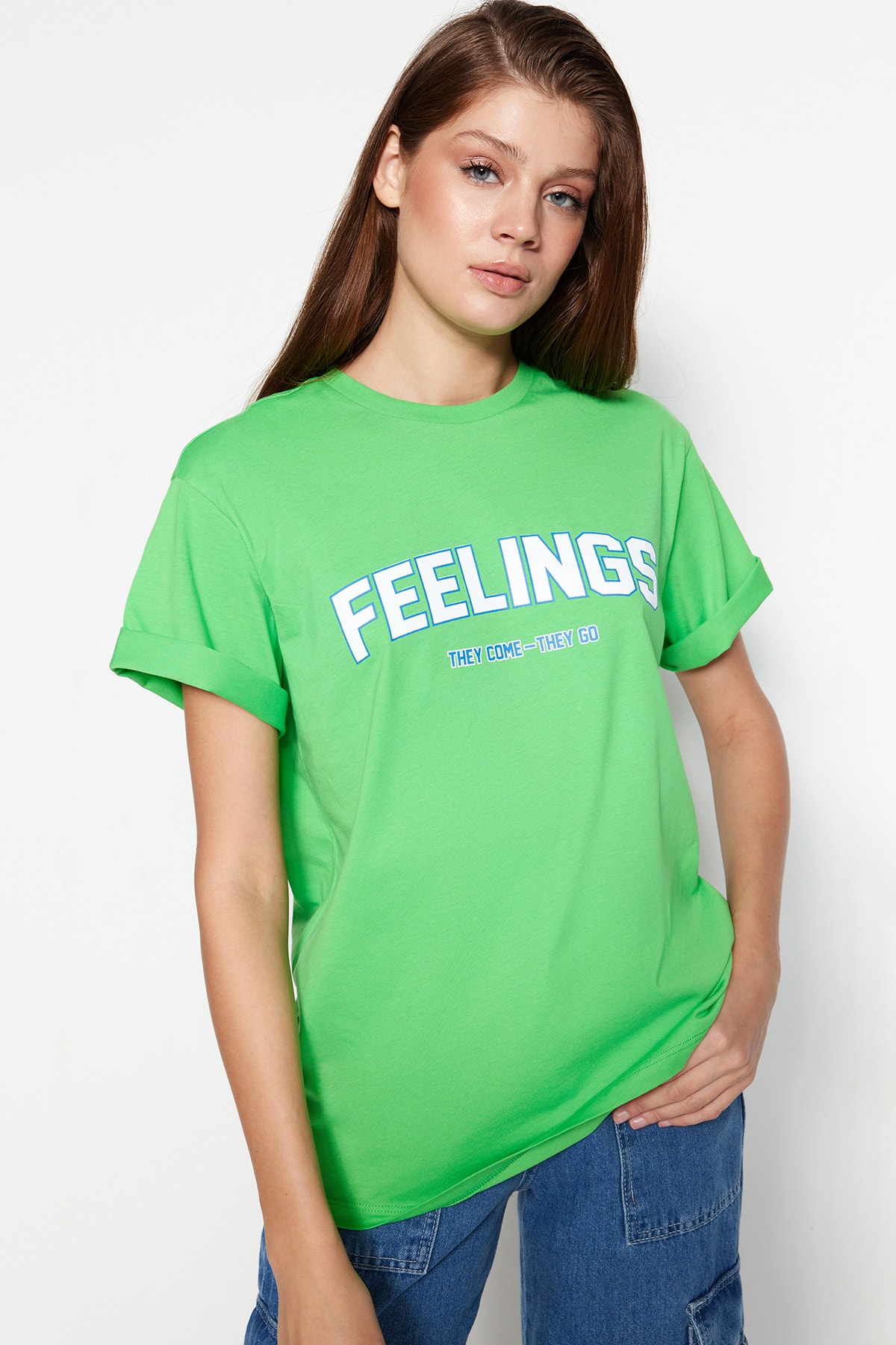 Trendyol Green 100% Cotton Slogan Printed Boyfriend Fit Crew Neck Knitted T-Shirt