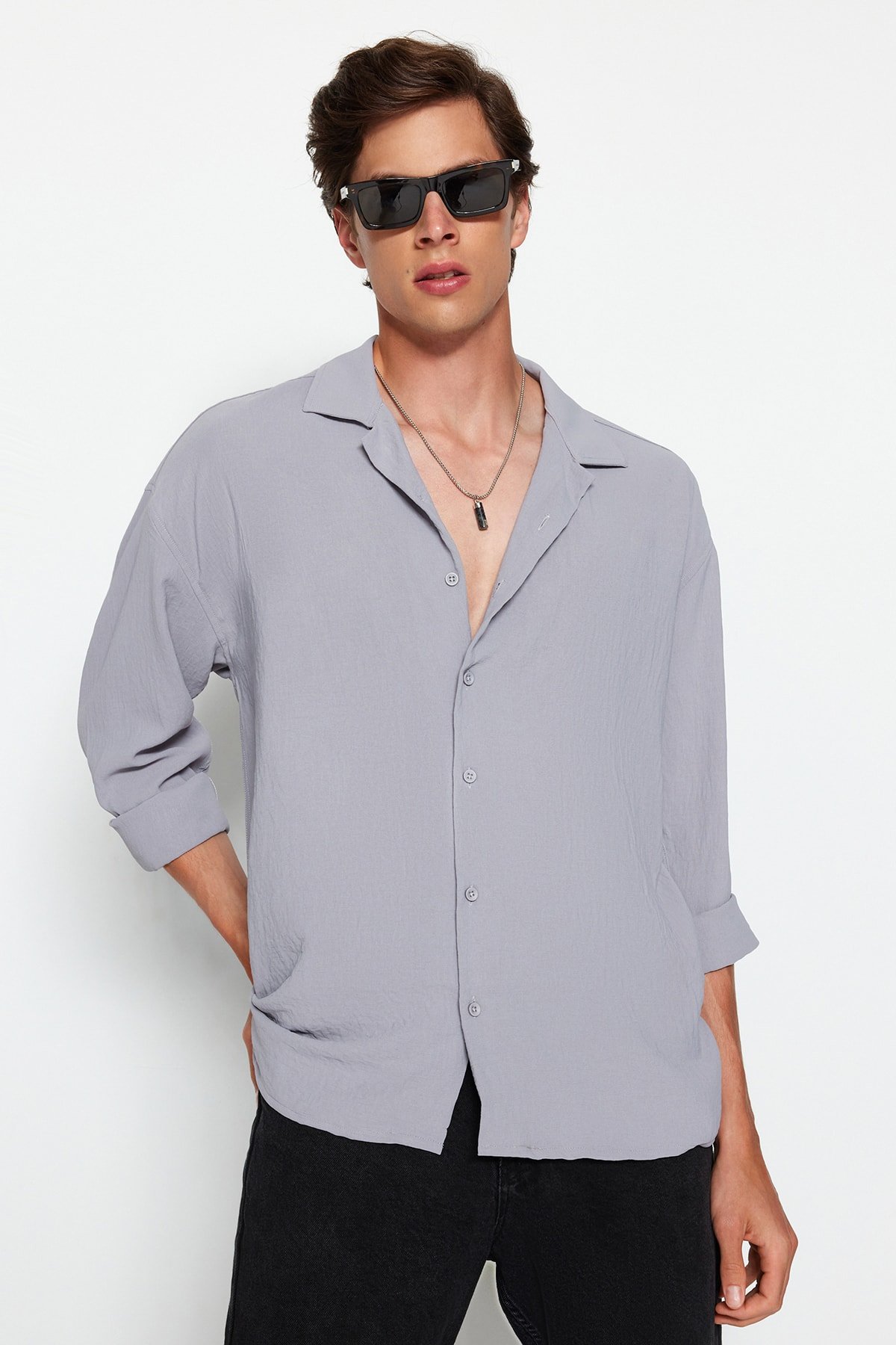 Levně Trendyol Gray Oversize Fit Apache Collar Summer Linen Look Shirt