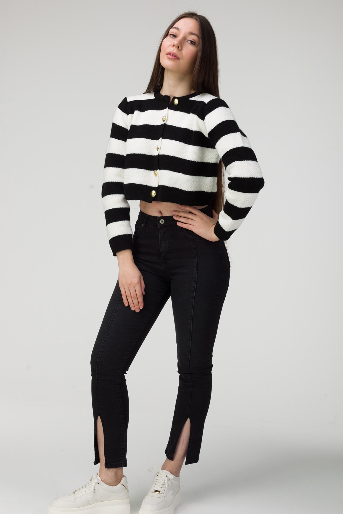Levně MODAGEN Women's Black and White Striped Gold Buttons Knitwear Cardigan Sweater