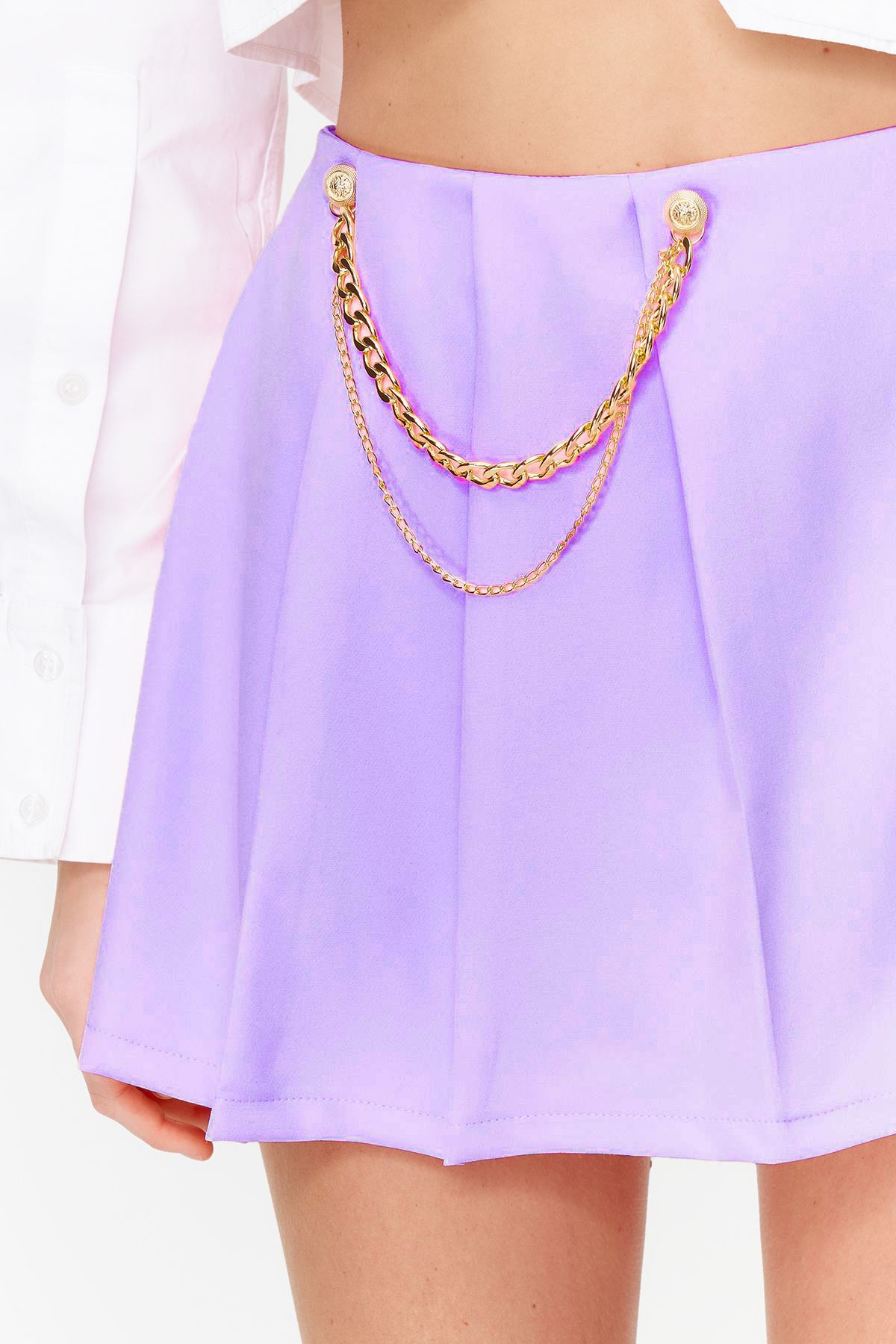 Trendyol Lilac Chain and Pleat Detailed Woven Short Skirt