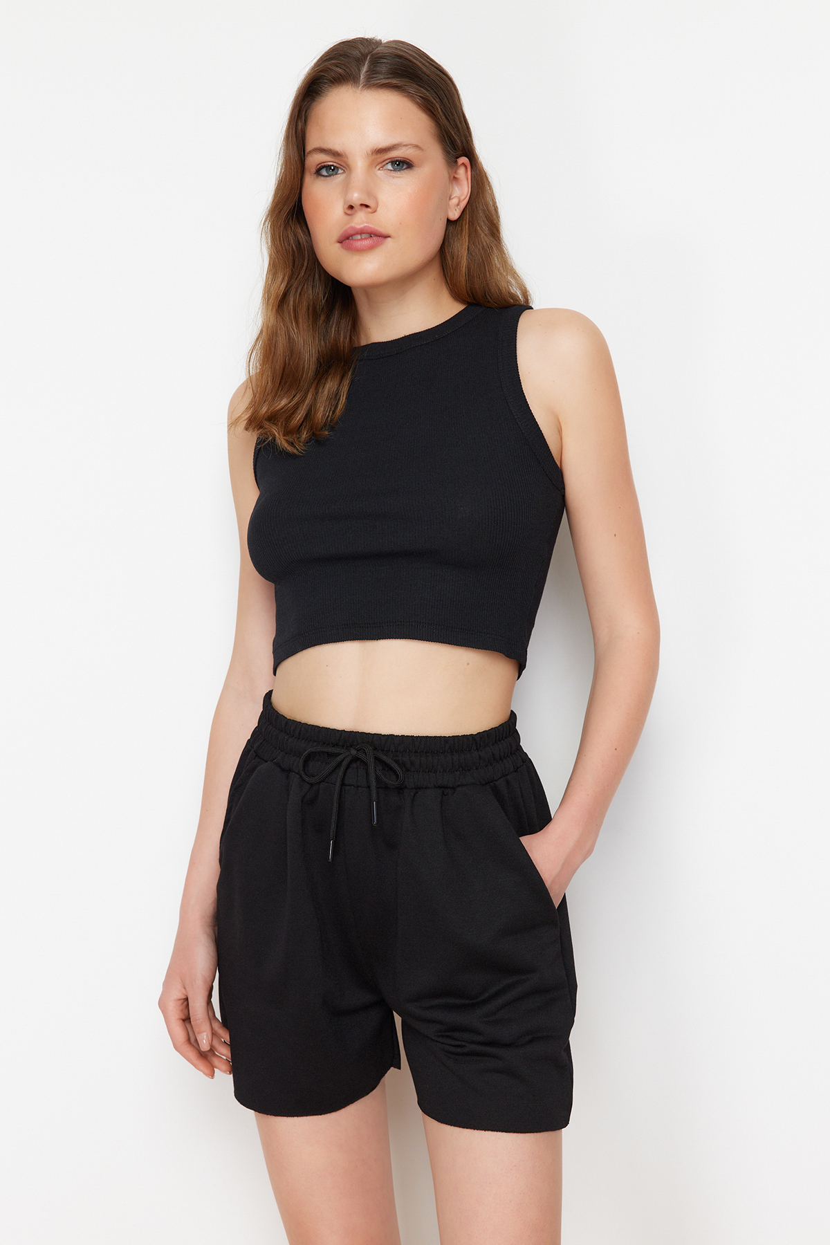 Trendyol Black Corduroy Tank and Shorts Flexible Knitted Top and Bottom Set