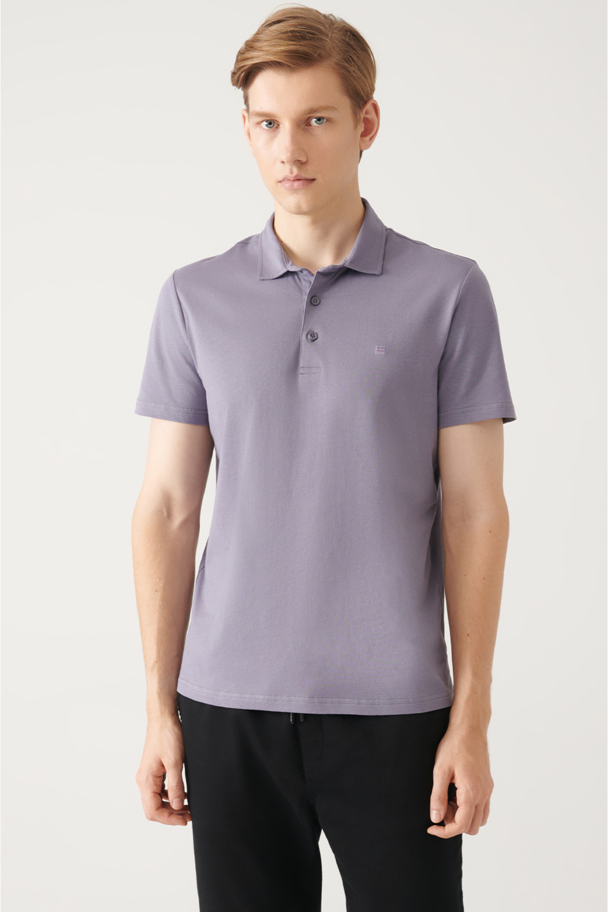 Avva Men's Lilac 100% Cotton Standard Fit Normal Cut 3 Buttons Anti-roll Polo T-shirt