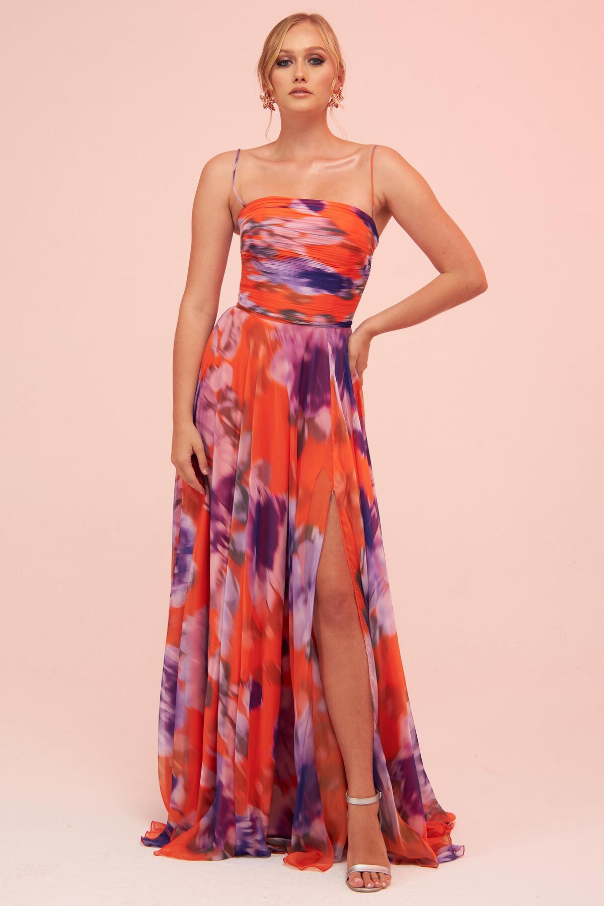 Levně Carmen Orange Strap Slit Printed Evening Dress
