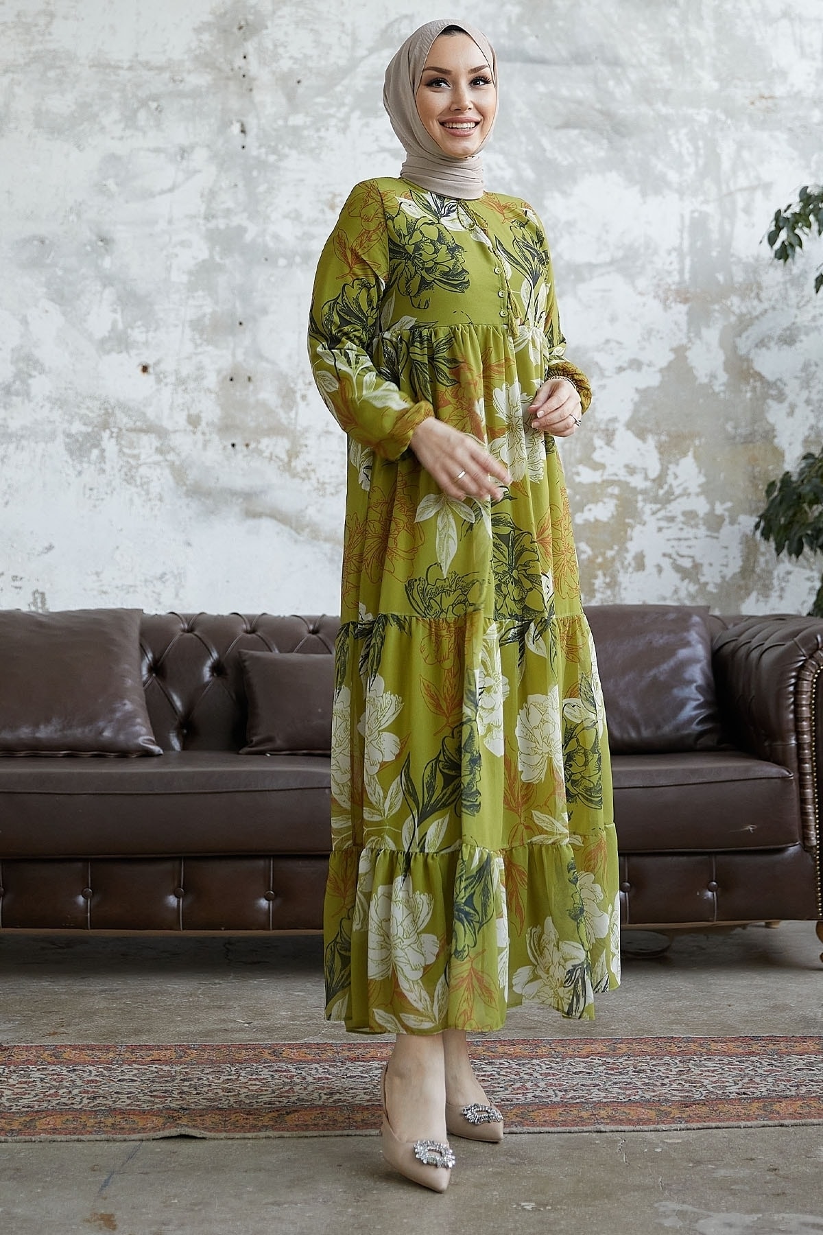 InStyle Jaya Collar Buttoned Drawstring Chiffon Dress - Oil Green