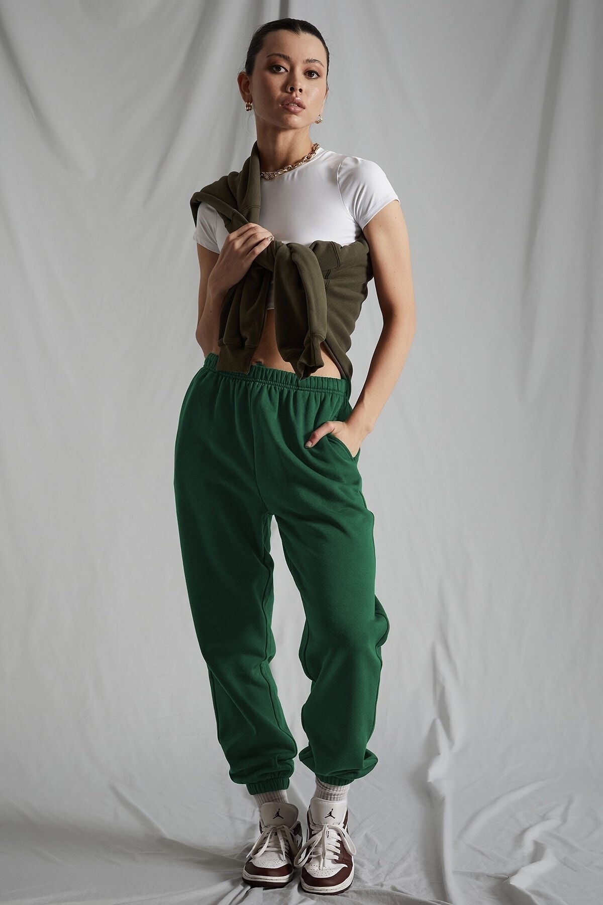 Madmext Women's Dark Green Elastic Waist Oversize Sweatpants