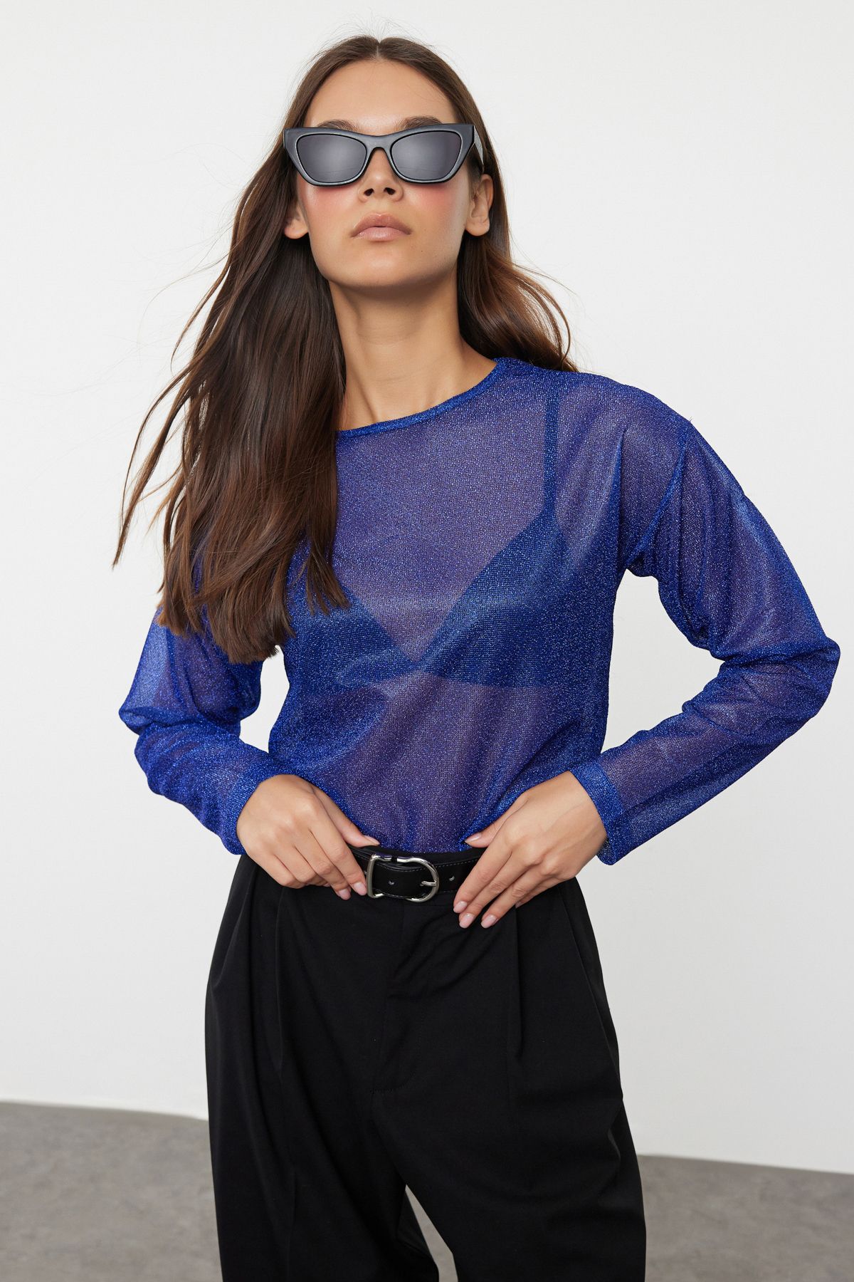 Trendyol Saks Lurex Crew Neck Regular/Normal Fit Transparent Tulle Knitted Blouse