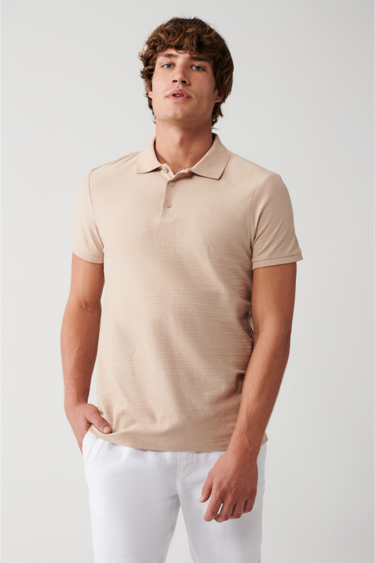 Levně Avva Men's Mink 100% Cotton Jacquard Polo Collar Standard Fit Regular Cut T-shirt