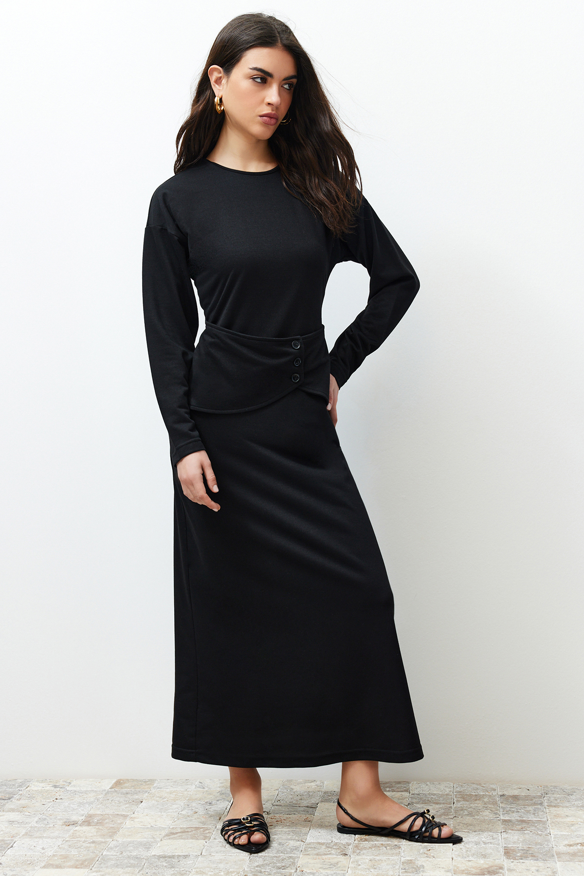 Trendyol Black Straight Knitted Dress with Waist Detail