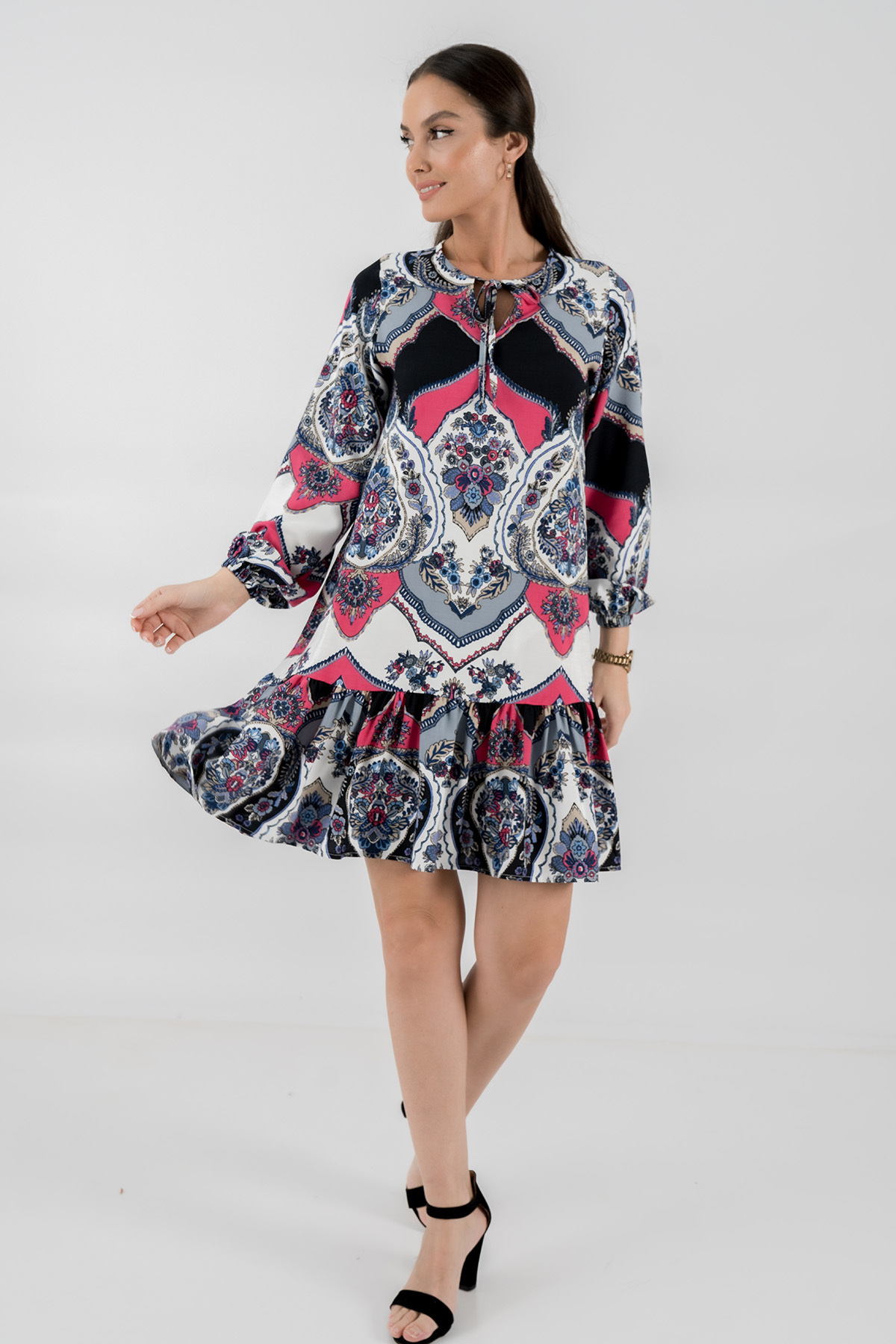 Levně armonika Women's Fuchsia Patterned Tie Collar Frilly Skirt Long Sleeve Dress
