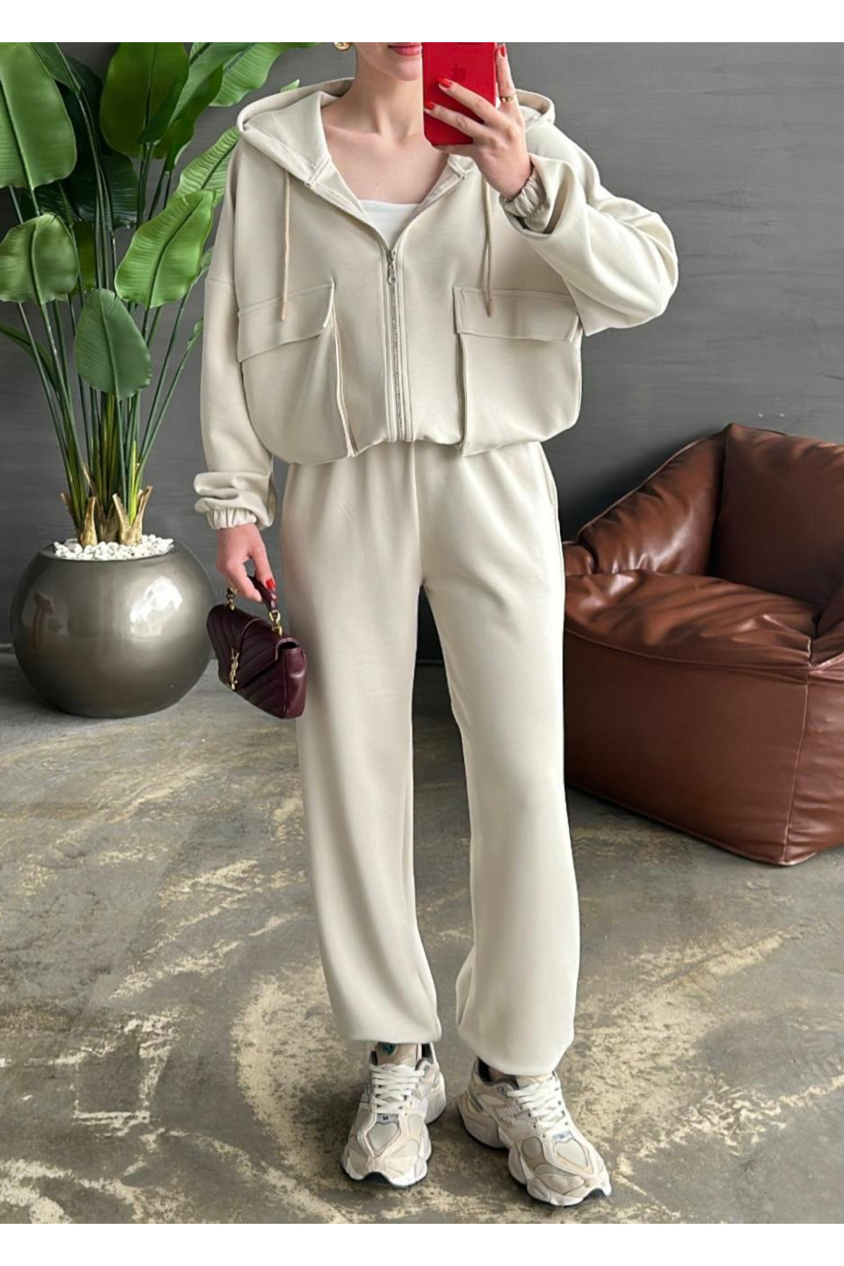 Laluvia Stone Color Bag Pocket Modal Suit