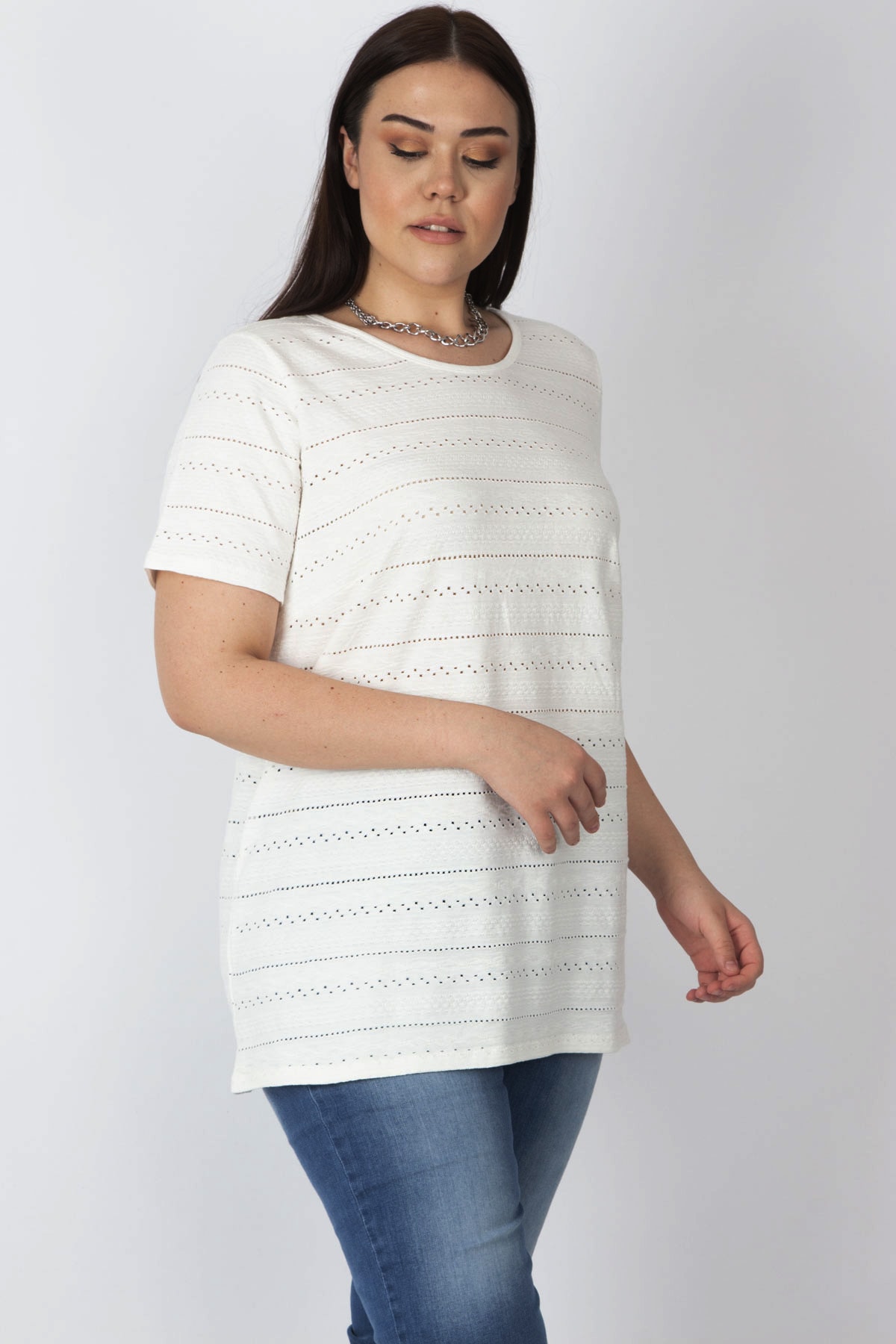 Şans Women's Large Size Bone Cotton Fabric Self-Patterned Openwork Woven Blouse
