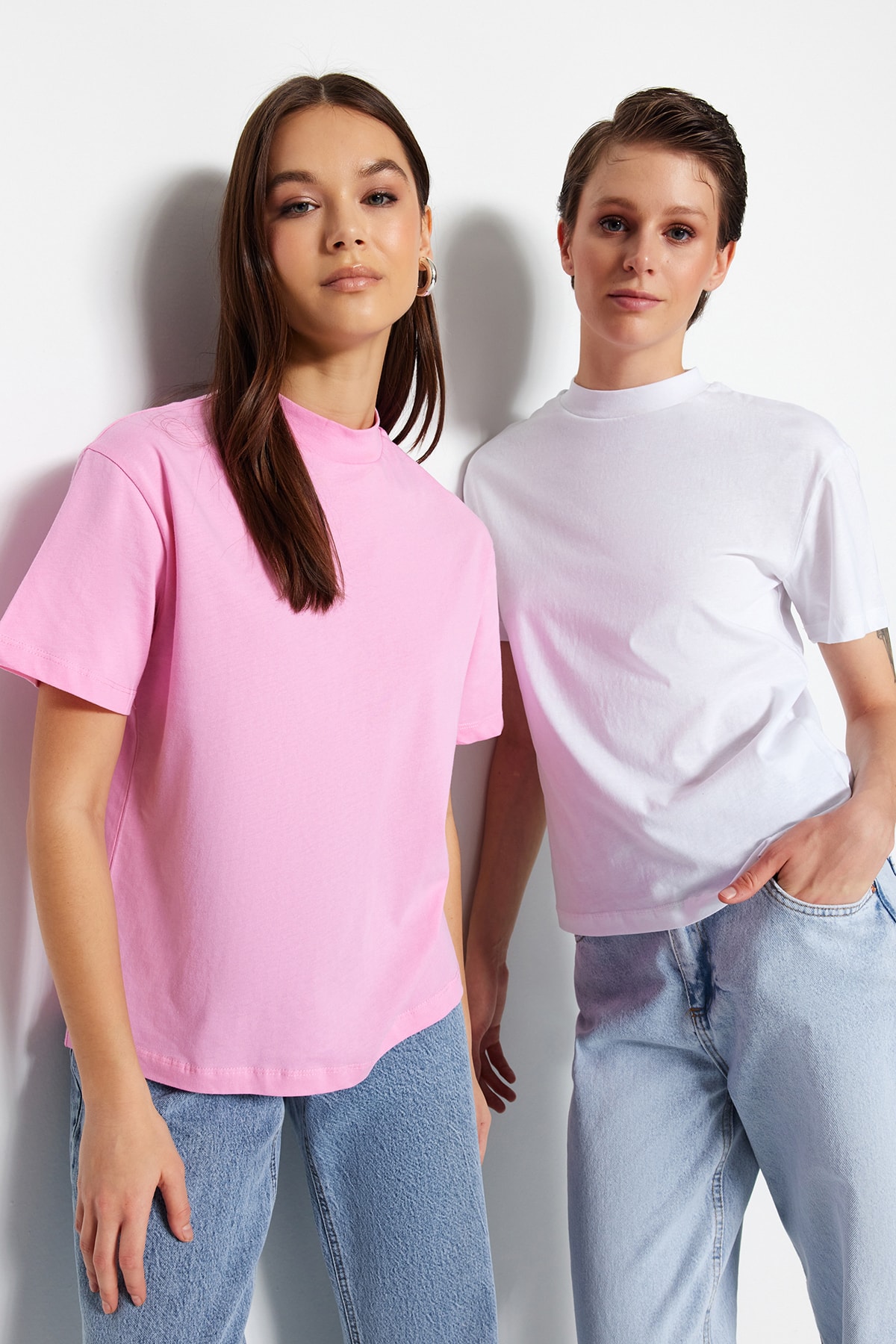 Trendyol Pink-White 2-Pack 100% Cotton Basic Stand-Up Collar Knitted T-Shirt