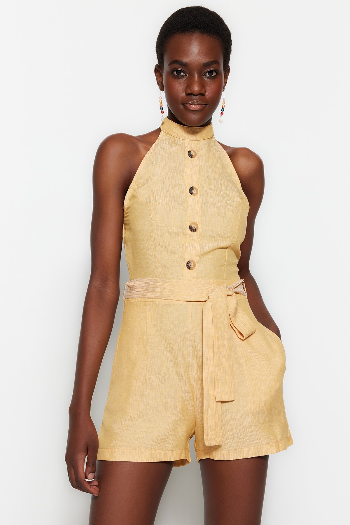 Trendyol Mink Belted Mini Jumpsuit with Woven Buttons