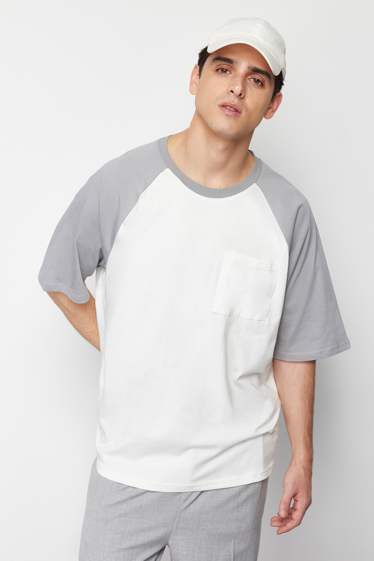 Trendyol Gray Oversize Pocket Color Blocked 100% Cotton T-Shirt