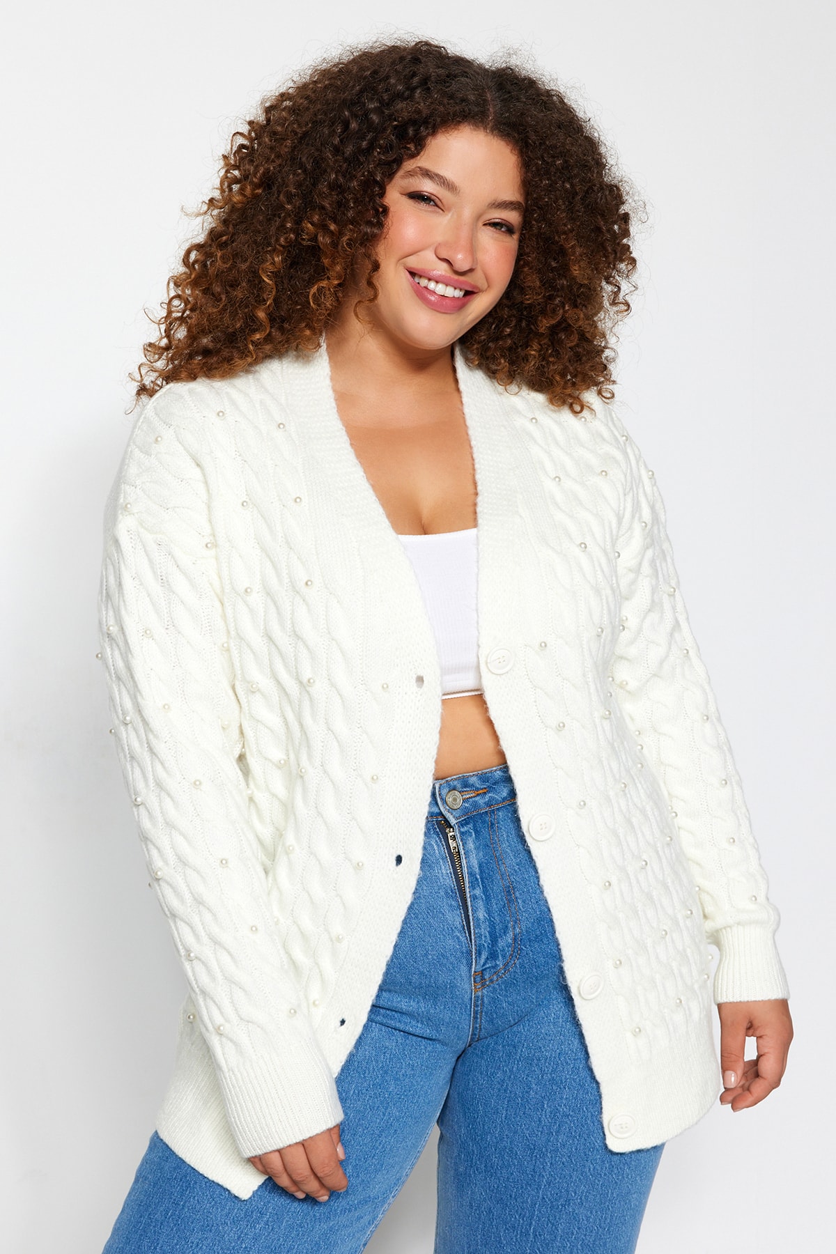Trendyol Curve Ecru Stone Detailed Knitwear Cardigan