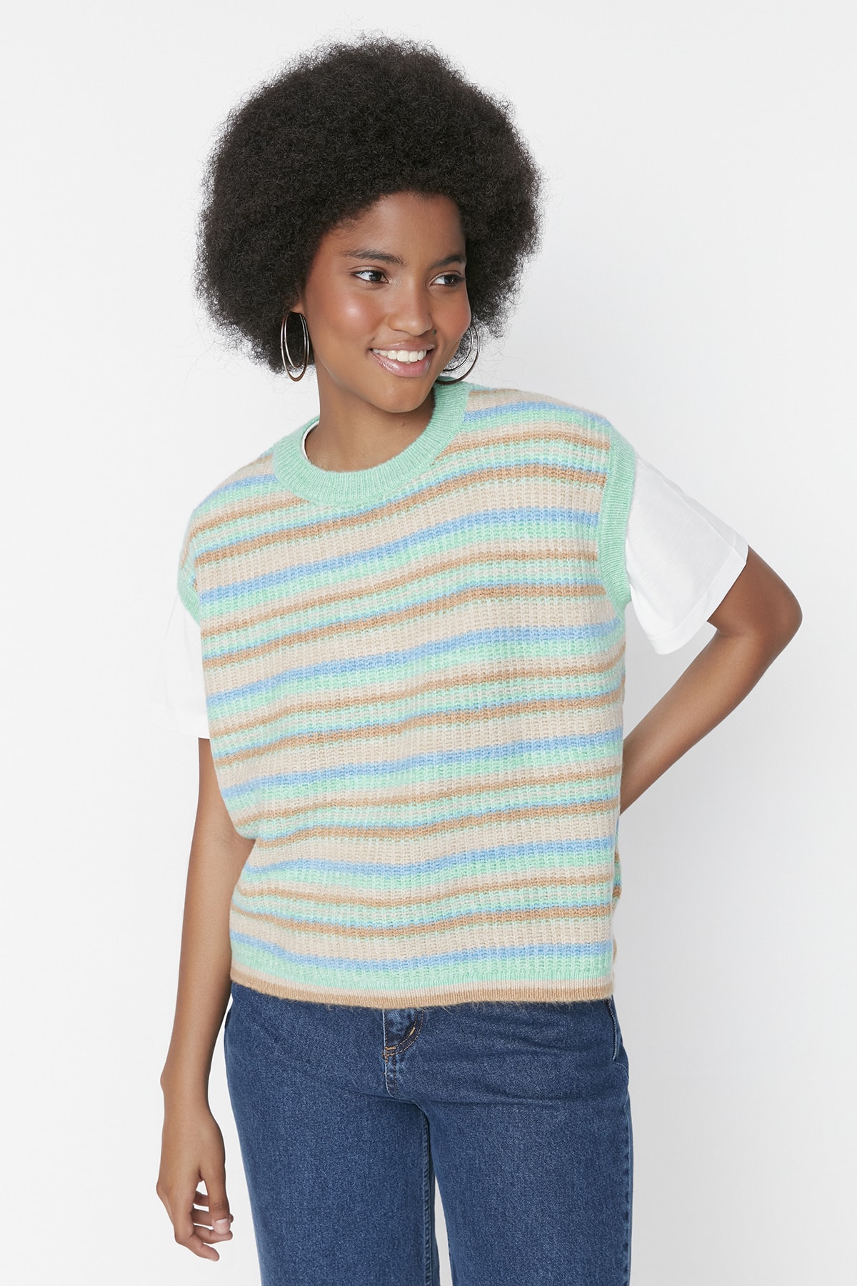 Trendyol Mint Color Block Crewneck Knitwear Sweater