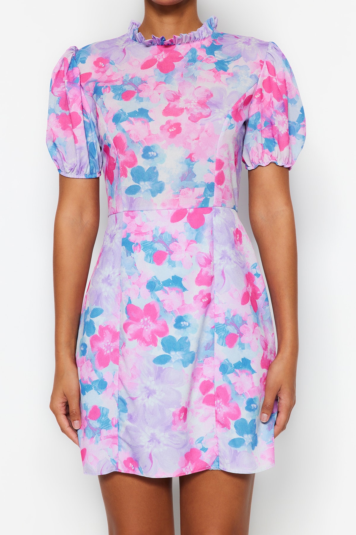 Trendyol Blue High Neck Floral Model Lined Mini Țesut Rochie