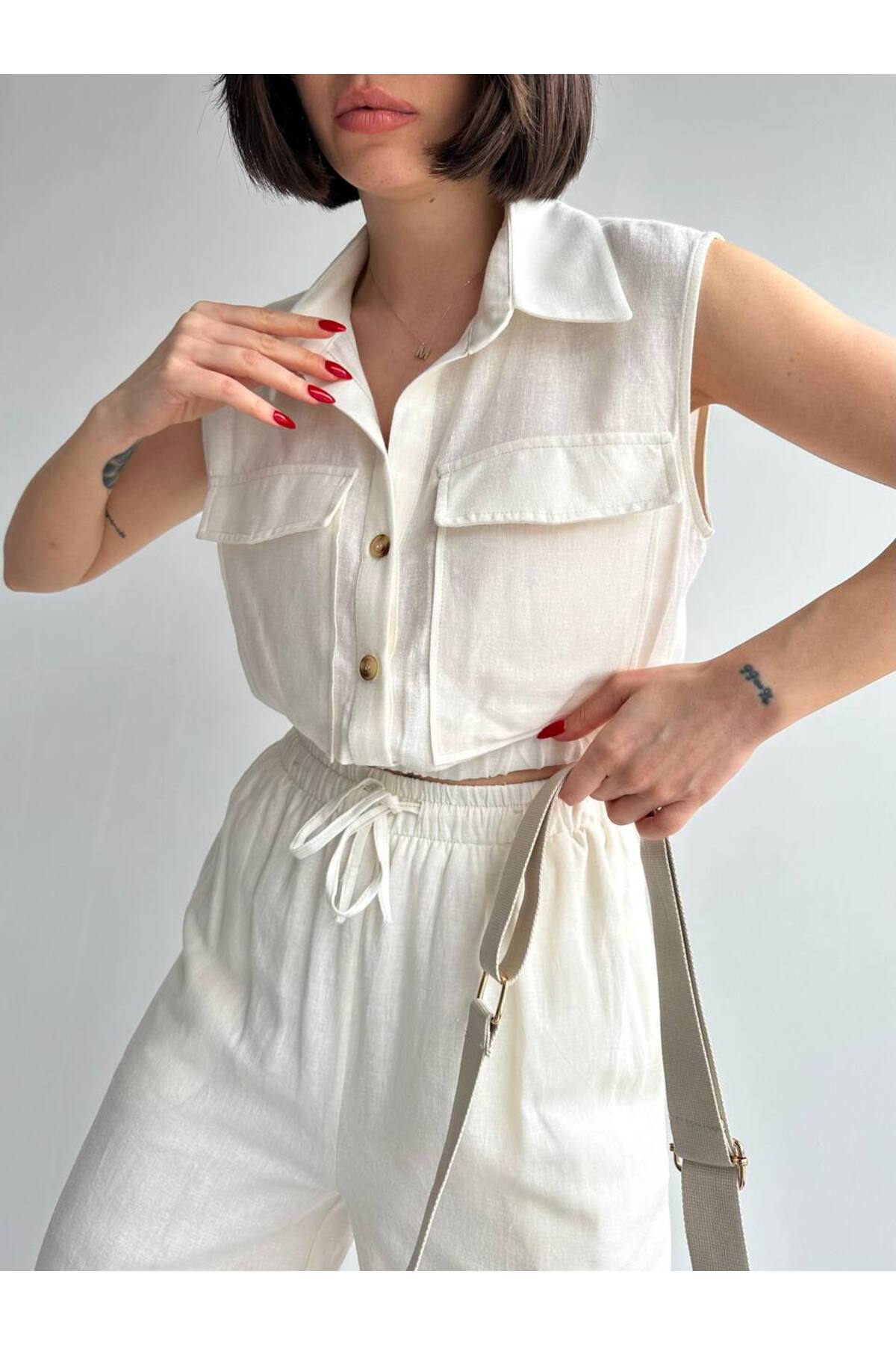 Laluvia Ecru 100% Cotton Elastic Vest-Pants Linen Suit