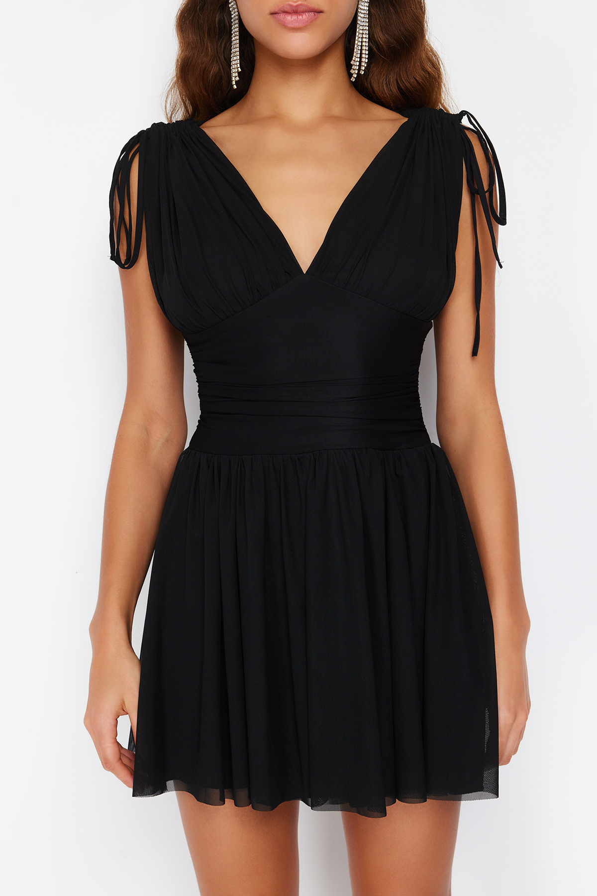 Trendyol Black A-Cut Knitted Tulle Short Evening Dress