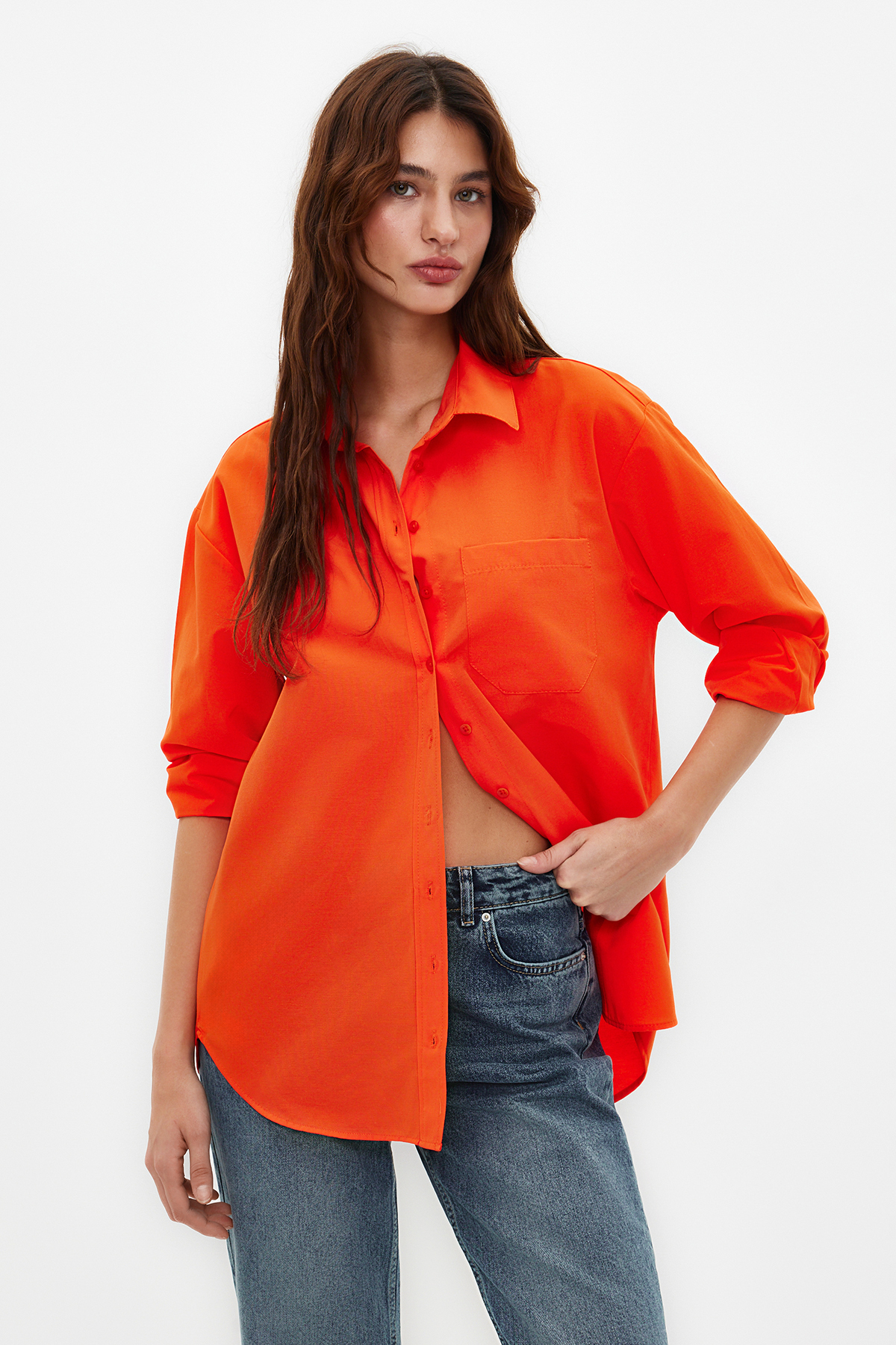 Levně Trendyol Dark Orange Single Pocket Boyfriend Woven Cotton Shirt