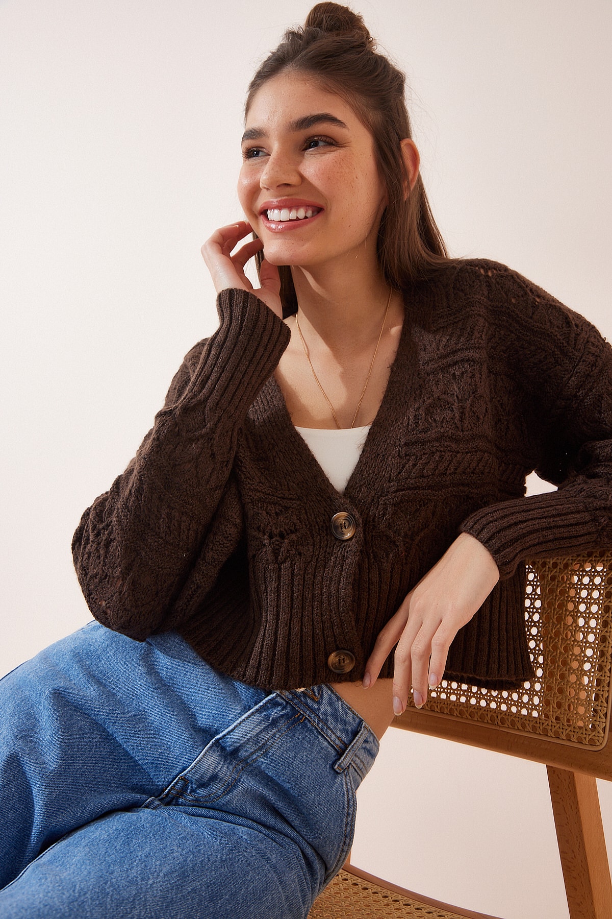 Happiness İstanbul Women's Brown Patterned V-Neck Knitwear Cardigan