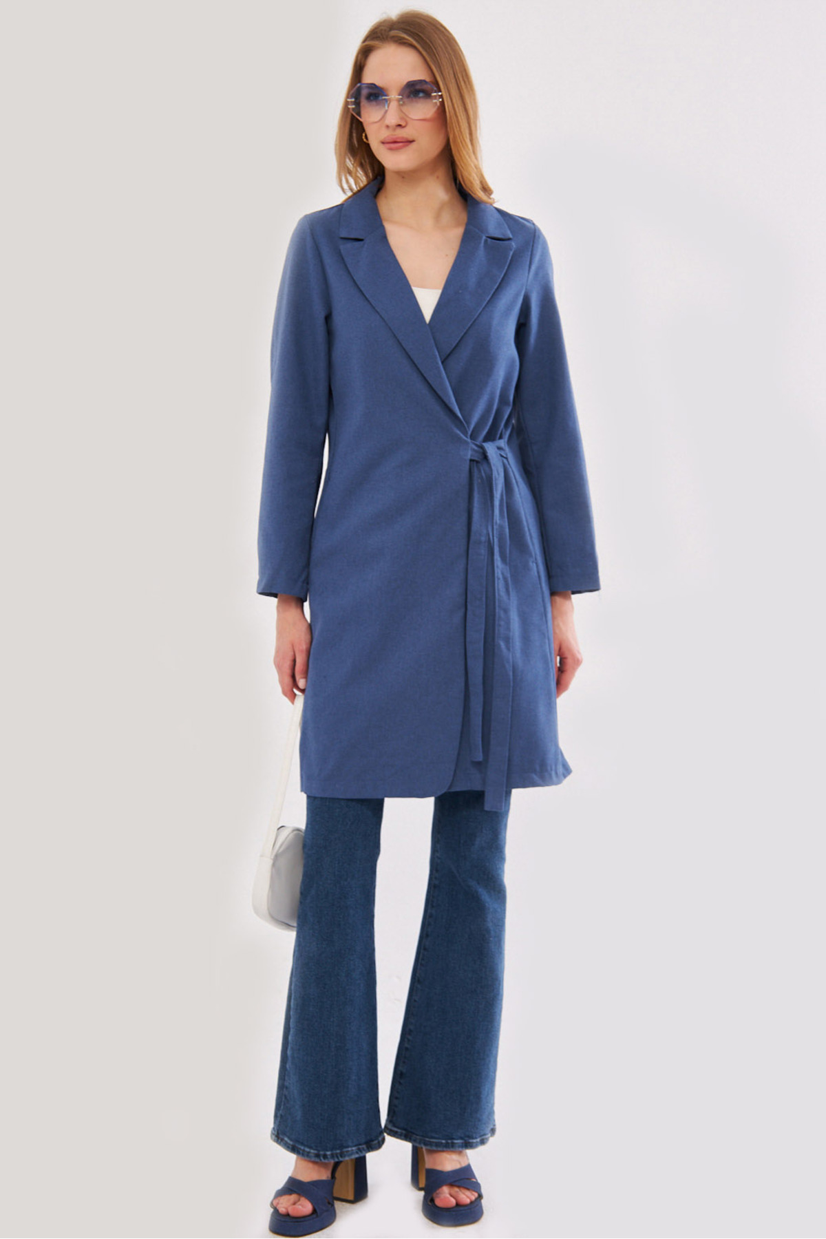 Levně armonika Women's Dark Blue Tie Long Coat