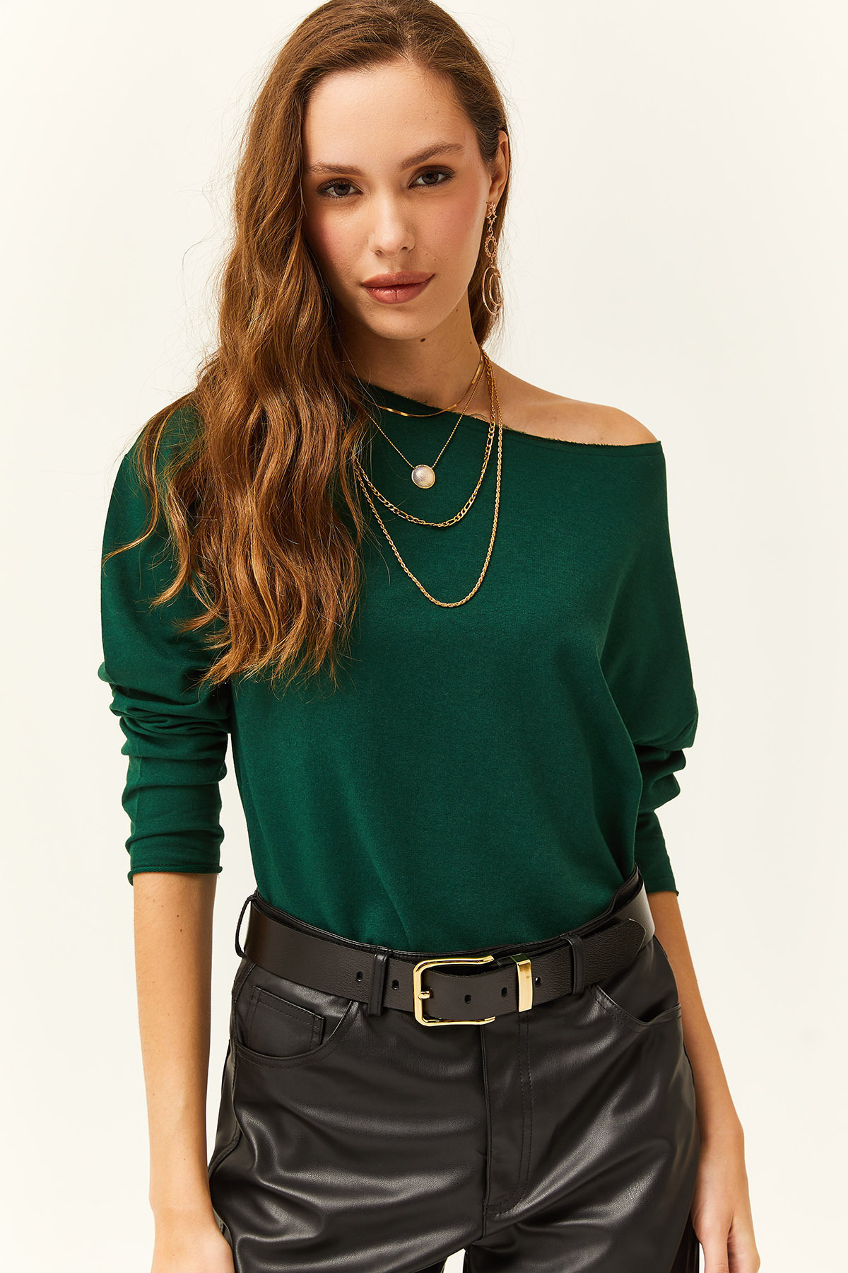 Levně Olalook Women's Emerald Green Dirty Collar Printed Soft Texture Thin Sweatshirt
