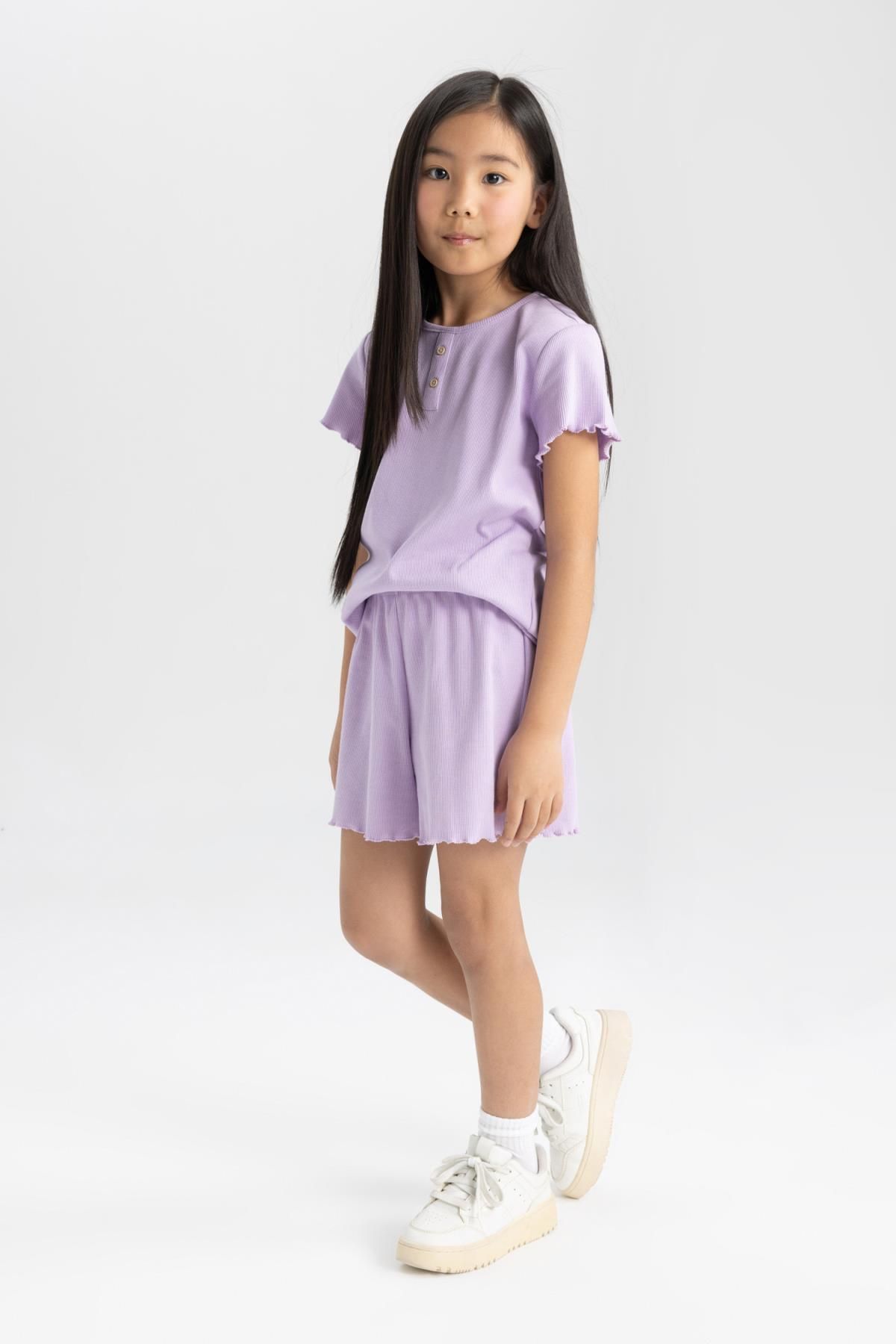 DEFACTO Girl's Ribbed Camisole Short Sleeve Shorts Pajama Set